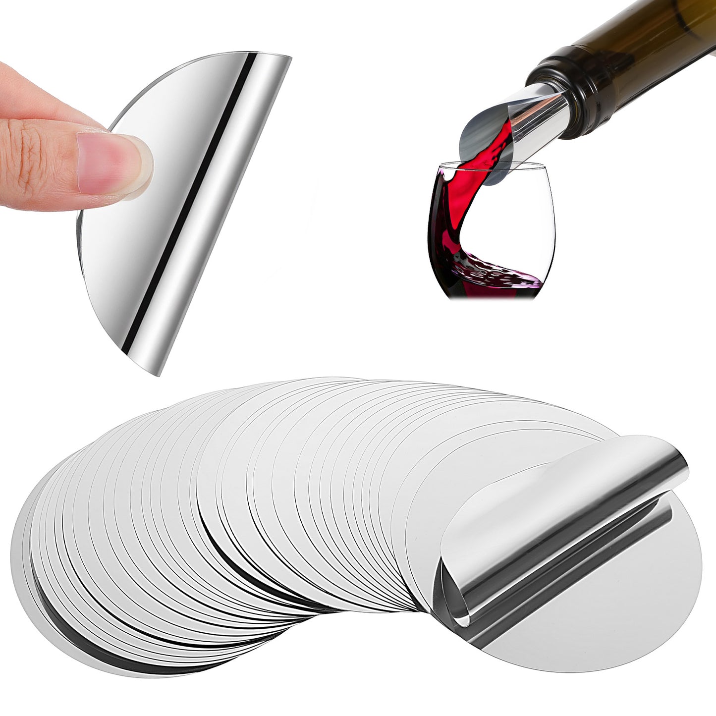 XLIUAX 60 Pcs Wine Pourer, Wine Stopper Drop Stop Silver Foil Stopper for Drop Stopping Bottle Liquor Pour Spout Thin Spout for Beverage Beer Dispenser Pour Spouts for Bars Home Restaurant Round Shape