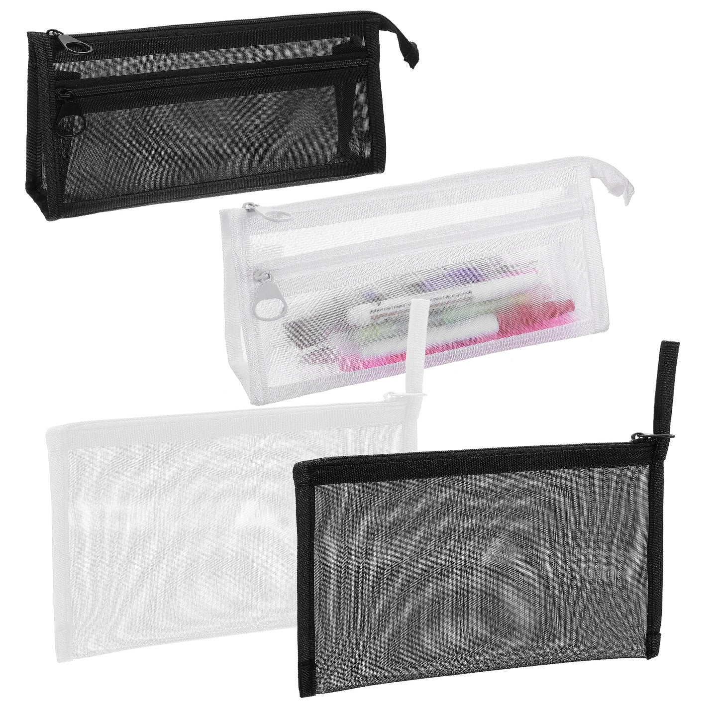 MBAIYO 4 Pack Grid Mesh Pencil Case, Black Pencil Case with Handle and Zipper White Double Layer Clear Pouch Large Capacity Bag for Makeup Toy Game Travel Toiletry School Office Supplies Storage