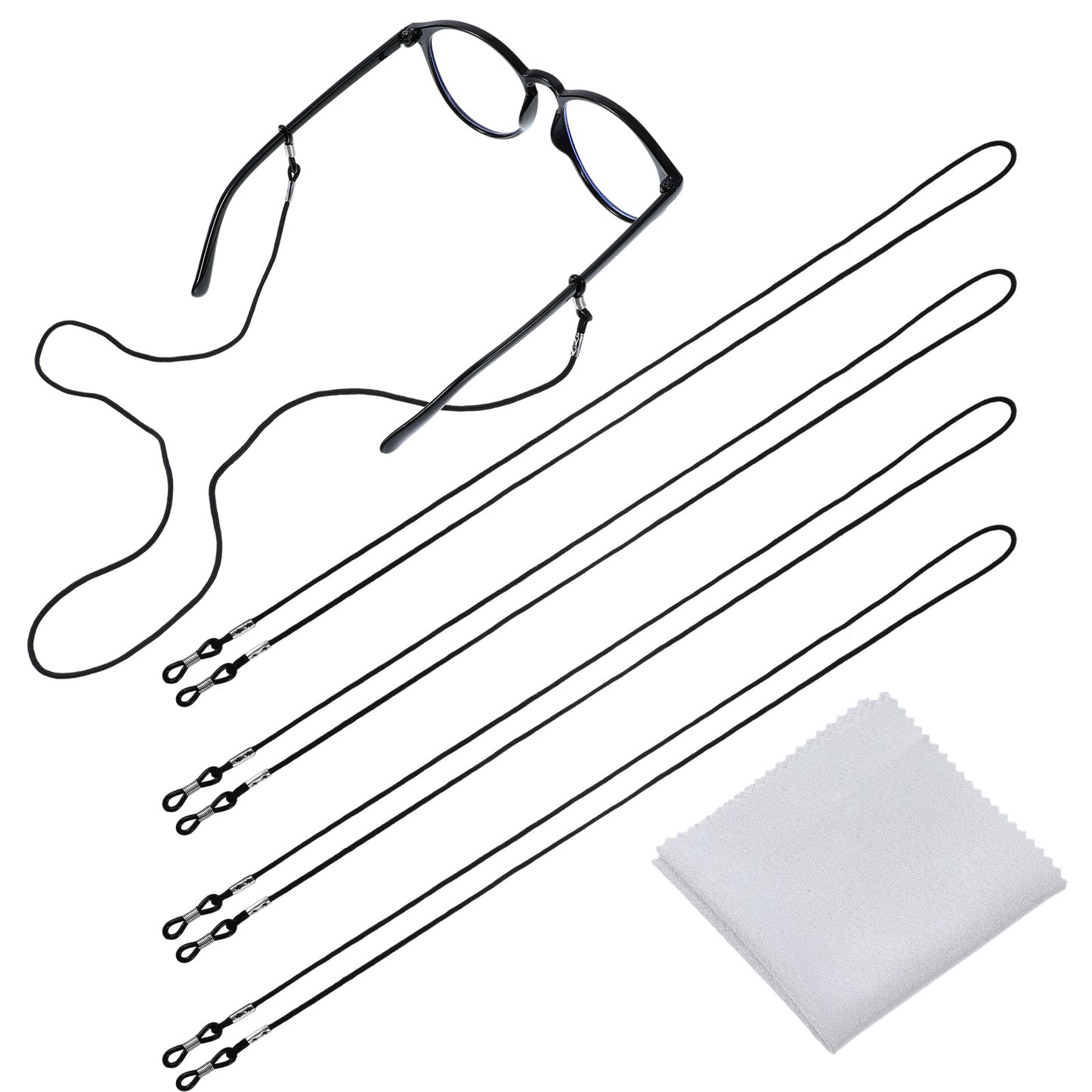 TIESOME 4Pcs Black Glasses Strap, Adjustable Sunglasses Straps Cords Eye Glasses Holder Strap with 1 Microfibre Cleaning Cloth Eyeglass Cords Chain Around Neck for Men Women