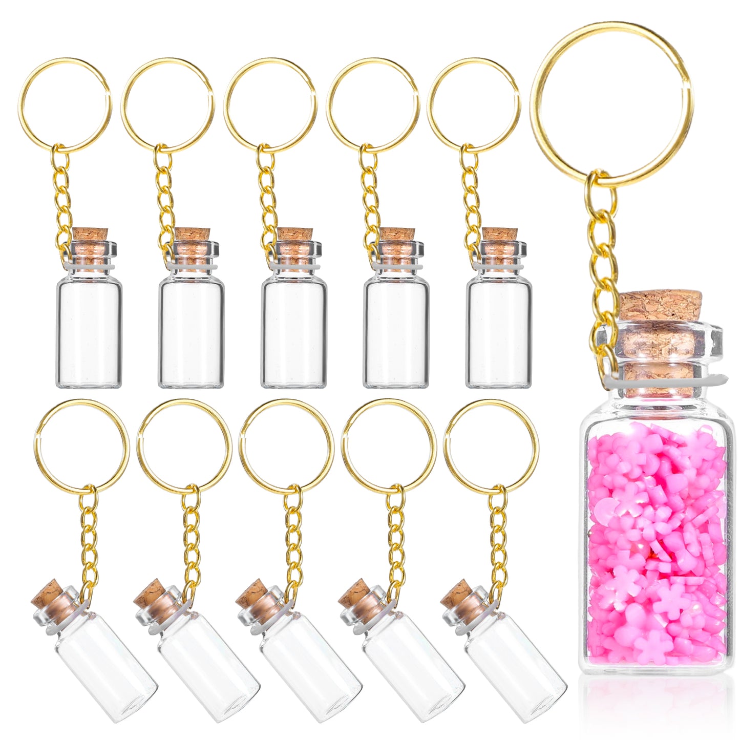XLIUAX Mini Seasoning Keychain, 10 Pcs Mini Glass Bottles 3 Ml Wish Jar Keychains Small Glass Bottle Miniature Message Bottles with Corks Lids for DIY Crafts Wedding Favors Party Decoration Gift