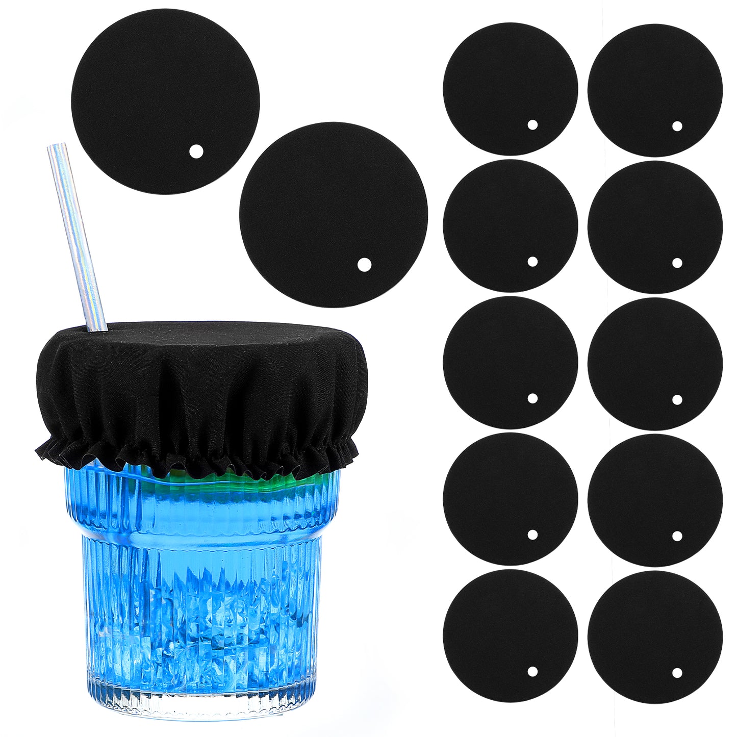 DOPENSPI 12PCS Drink Cover Scrunchie with Straw Hole, Universal Elastic Cup Protector Cap Washable Cup Drink Cover Reusable Cap Protector Alcohol Protection for Women Party Bar Club(Black)
