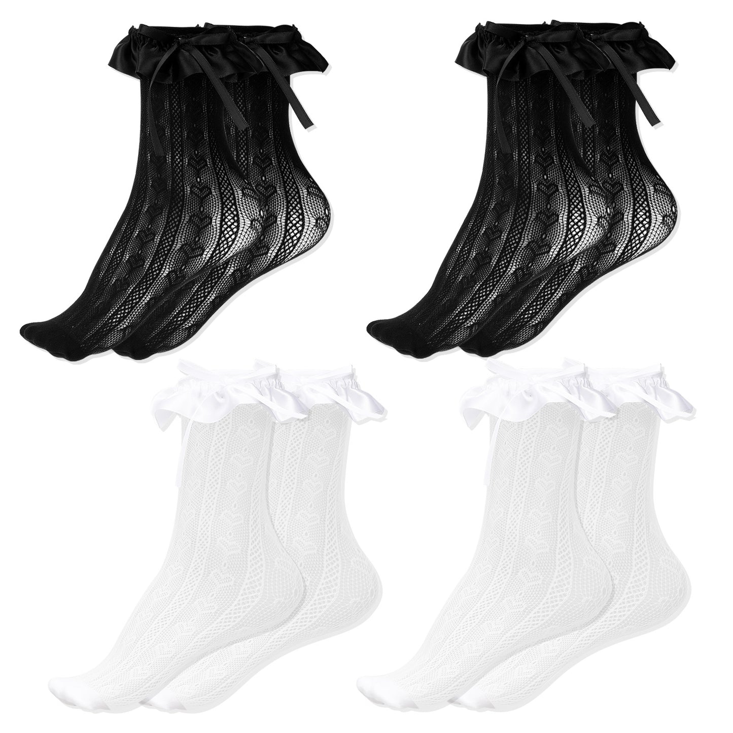 Giantree 4 Pairs Lace Ruffle Socks Women Lace Ankle Socks, Frilly Socks Women Mesh Dress Socks Cute Lace Lolita Socks with Bow