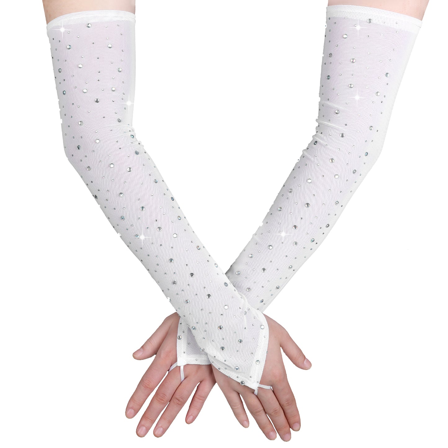 JIYIN Rhinestone Long Fingerless Gloves, 1 Pair Sparkly Tulle Sheer Gloves Lace Mesh Arm Sleeve Party Accessories for Women(White)