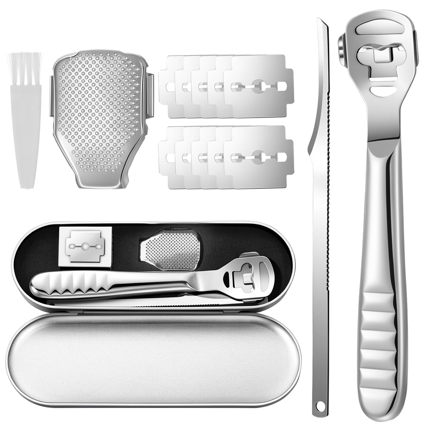 SULIKJHUI 14 Pcs Callus Shaver Set, Hard Skin Remover Foot Blade with 10 Blades & Replaceable Sanding Pad, Stainless Steel Foot Blade for Dry Heels & Cracked Feet (Silver)