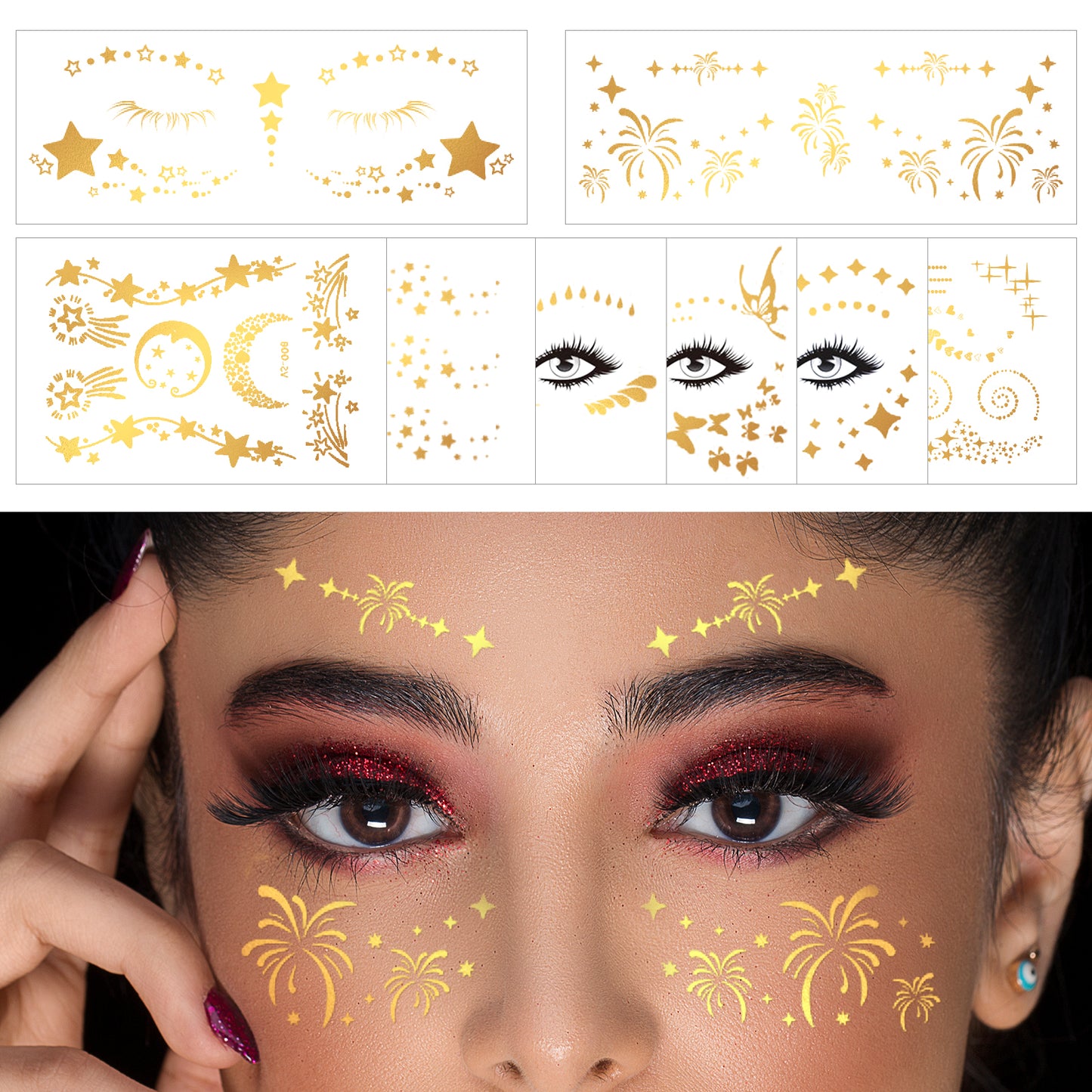 MBAIYO 8 Sheets Glitter Freckles Face Tattoos Sticker, Gold Temporary Face Glitter Stickers for Women Festival Makeup Waterproof Gold Faces Gems for Costume Party Musical Festivals