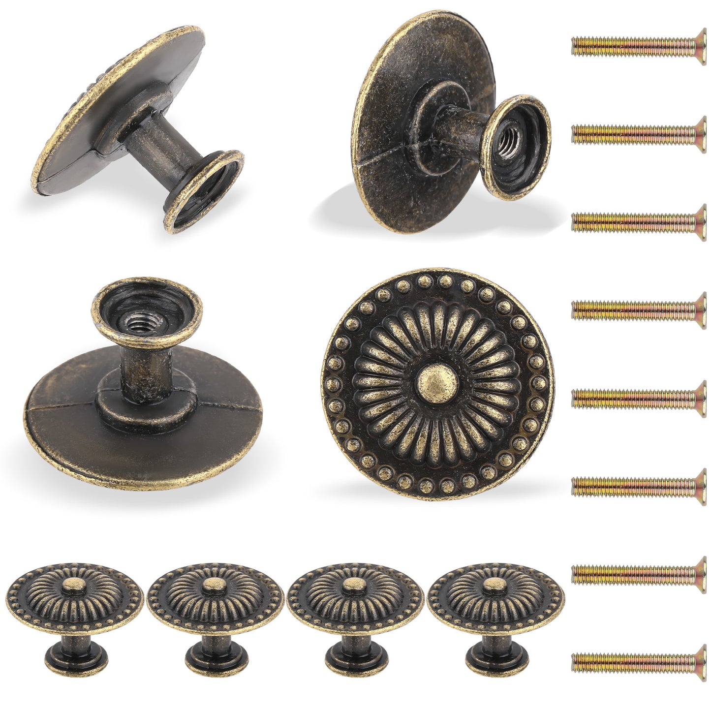 Giantree 8Pcs Antique Brass Cabinet Knobs, Vintage Retro Drawer Knobs, Weathered Gold Sunburst Pattern Flat Drawer Pulls, Matte Drawer Knobs for Nightstand Single Hole Cabinet Hardware(Bronze 30*19mm)
