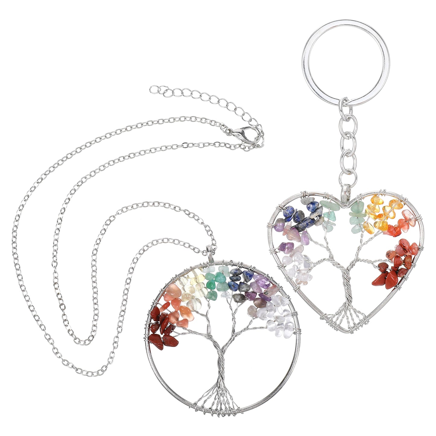 WJIAAA Tree of Life Keyring+ Crystal Tree of Life Hanging Ornament, 7 Chakra Crystals Keyrings, Healing Tumbled Stone, 7 Colors Natural Stones Gifts for Women Friends Meditation Energy Balancing