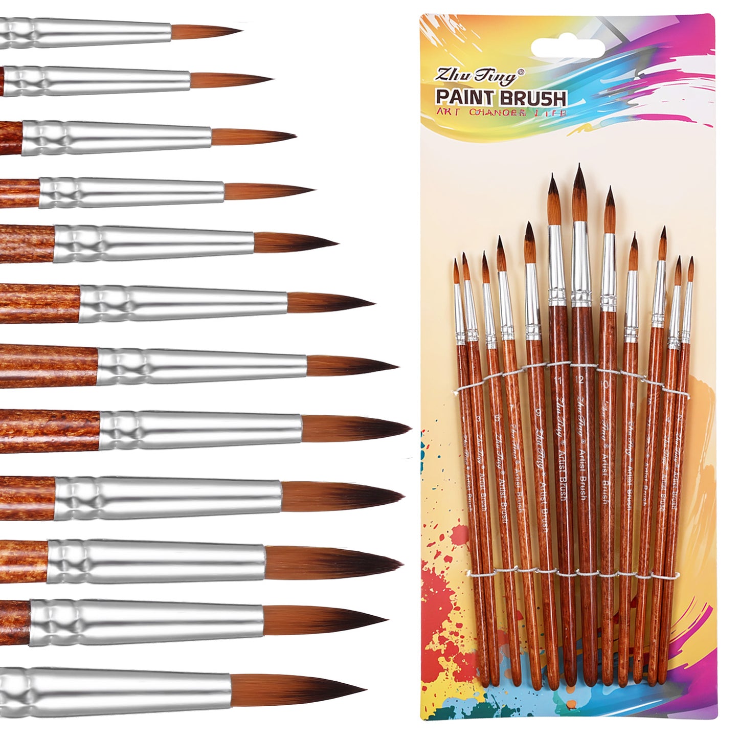 Giantree 12 PCS Round Paint Brush Basic Set, Professional Nylon Paint Brushes, Long Handle Artist Brush for Watercolor Acrylic Gouache Ink and Tempera Painting (Pointed)