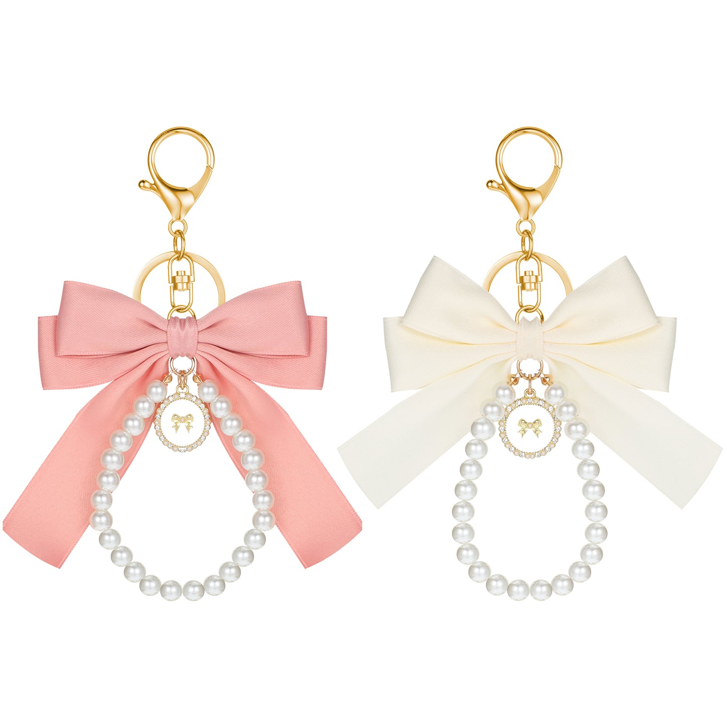 cobee 2 Pcs Bow Keychain Pearl Wristlet, Pink Bag Charms Coquette Lacing Bow Flower Keychain, Pearl Keychain Purse Charms for Women Girl Key Chains Car Keys Holder Accessories Gift(White+Pink)