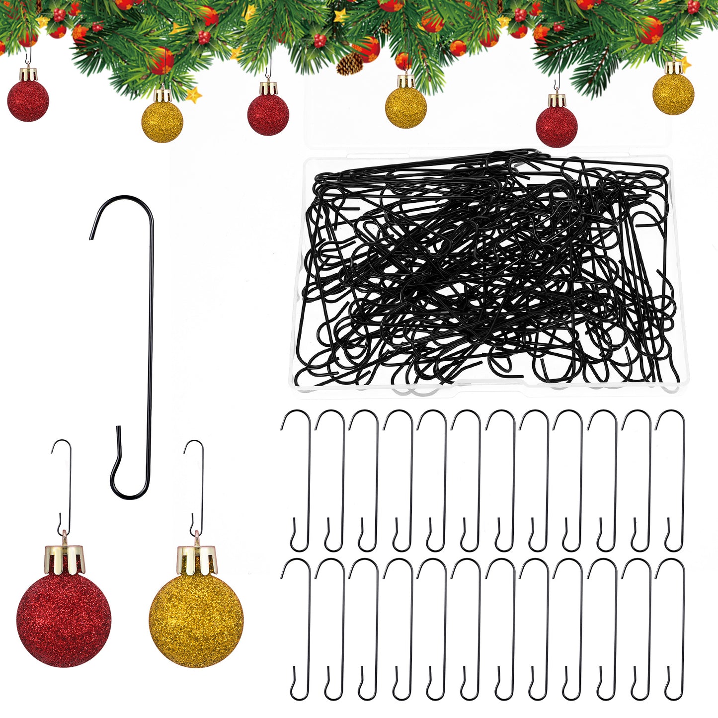 GEEHUA 120 Pcs Christmas Ornament Hooks, Metal Wire Ornament Hooks Bendable Black Hooks Ornament Hangers C Shape Christmas Tree Ornament Hooks for Christmas Party Ball Decor