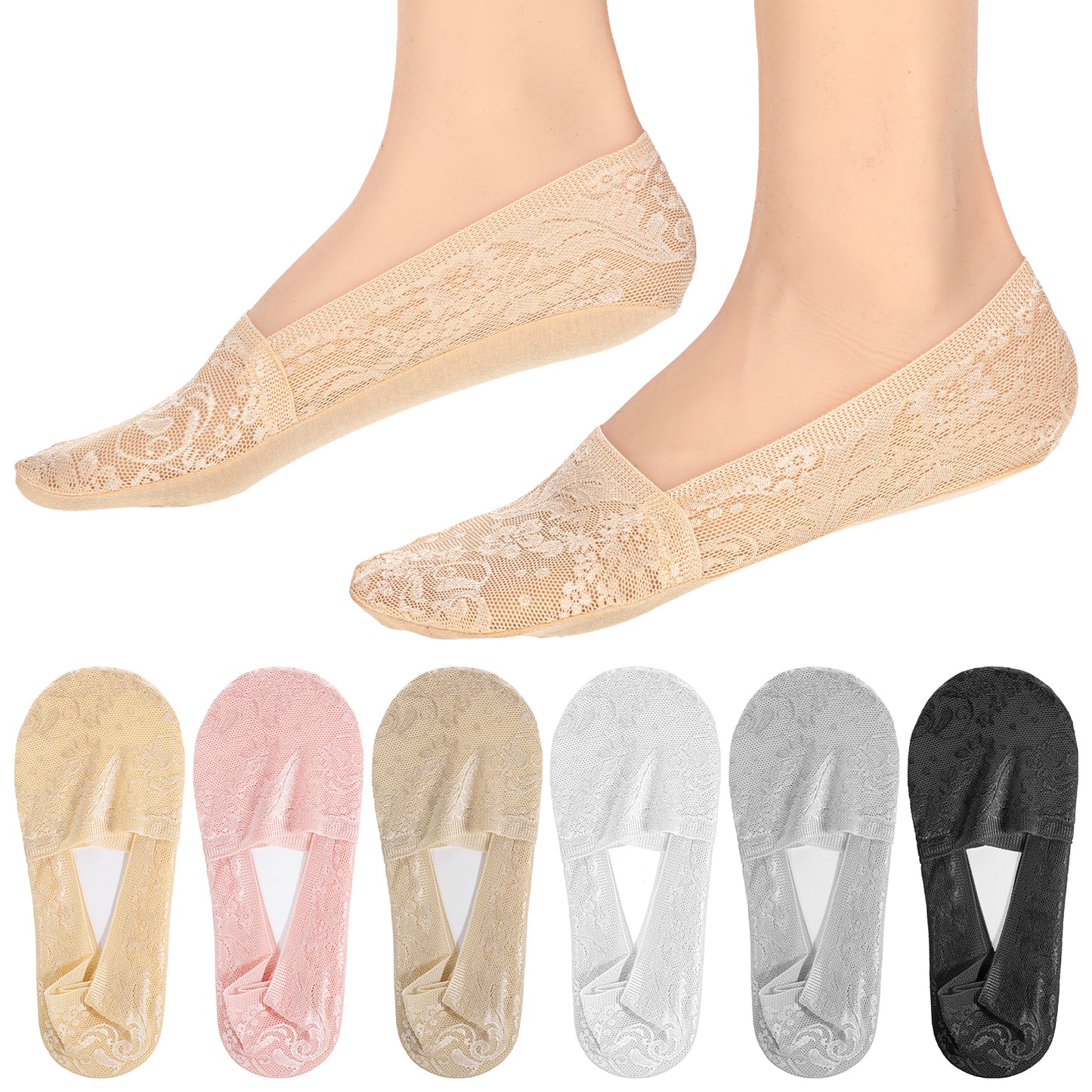 Yuanchu 6 Pairs Women No Show Lace Boat Socks, Cotton Invisible Non-slip Ankle Socks Multicolor Ultra Low Cut Liner Socks