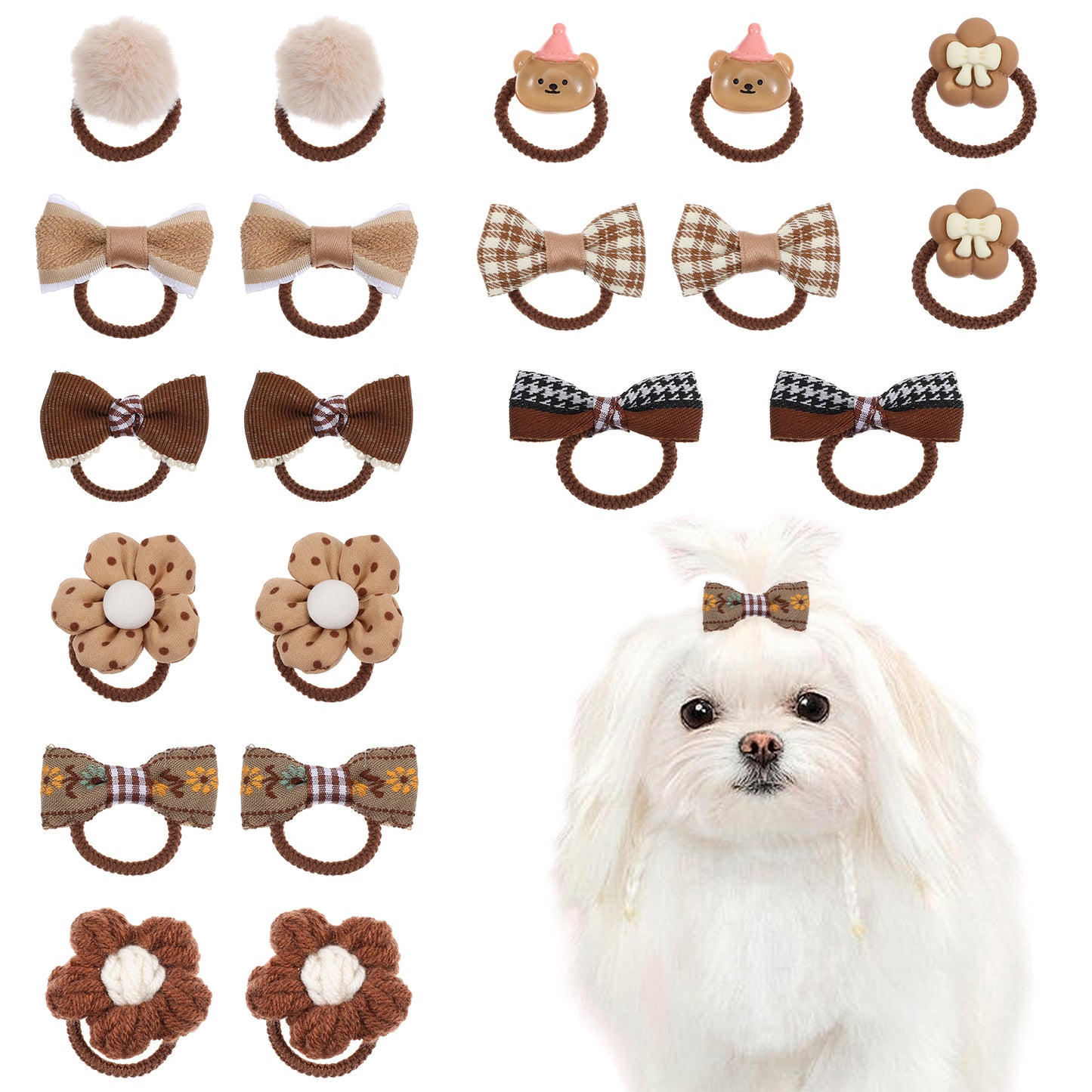 Giantree 20 Pcs Dog Hair Bows for Small Dogs, Cute Dog Bows with Rubber Bands, Cute Grooming Flower Ball Bowknot Top Knot Dog Hair Accessories Hair Ties for Yorkie Maltese Pet (Brown)