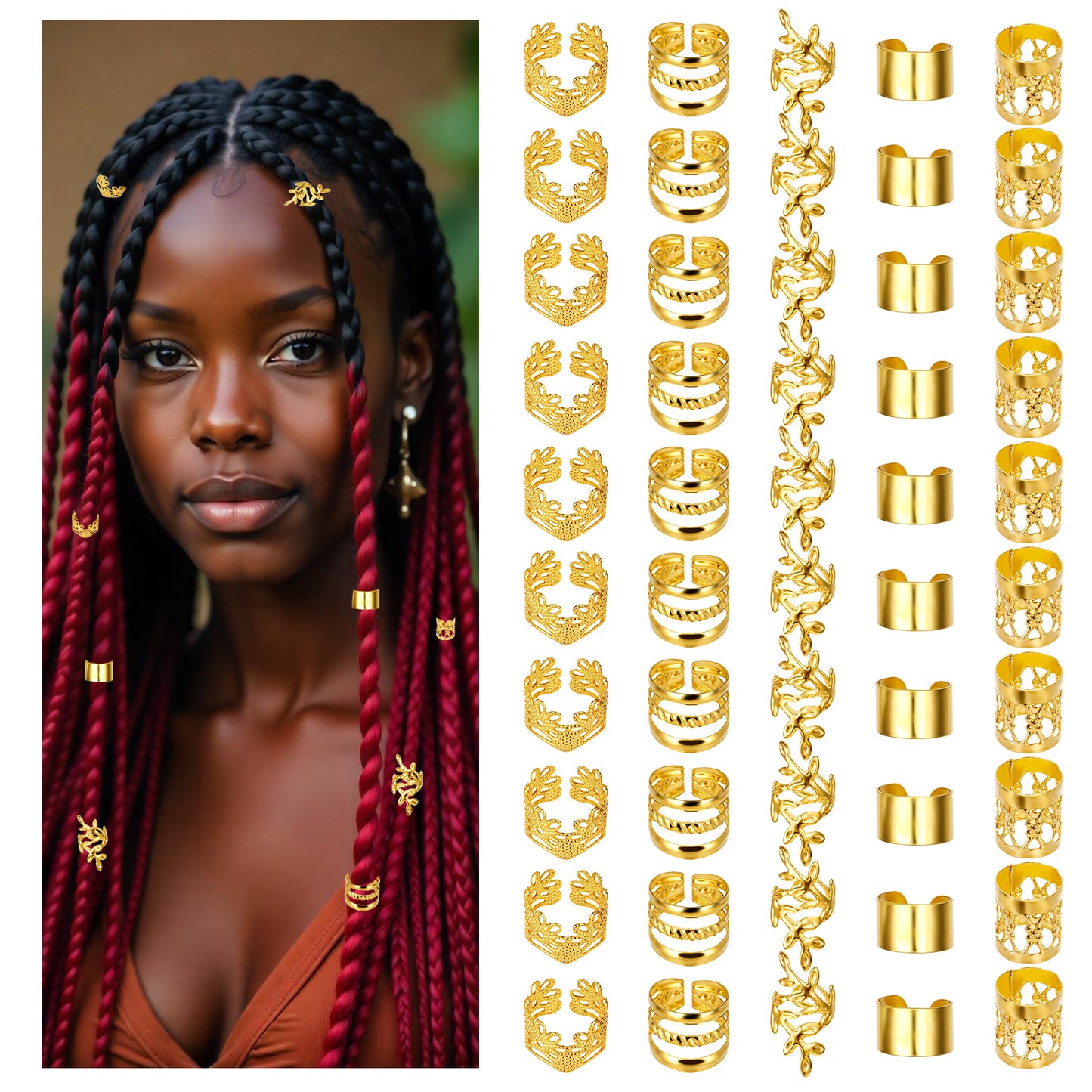 Molain 50 PCS Dreadlock Beads Locs Accessories, Gold Hair Jewelry for Braids, Adjustable Hair Cuffs, Hair Beads for Men and Women, Hair Rings Decorations for Dreadlocks, Braids, and Extensions(Gold)