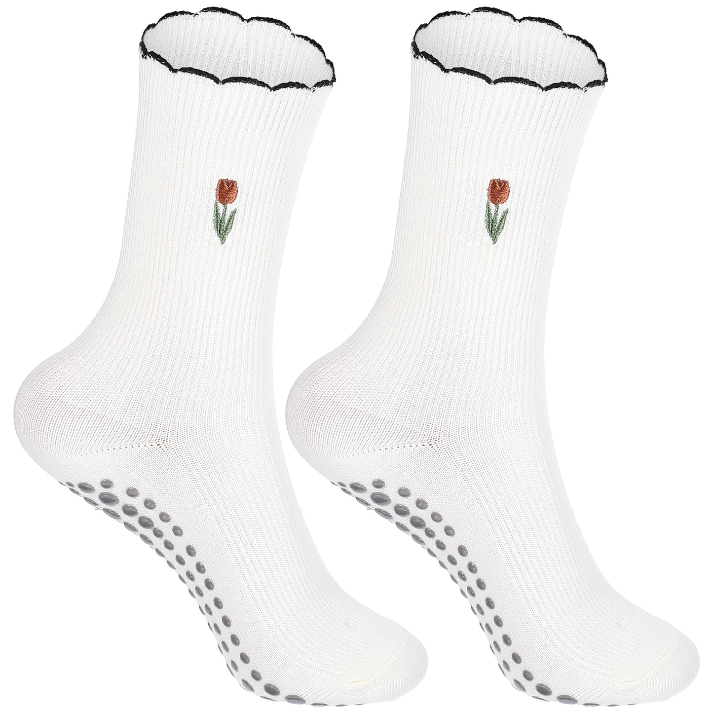 TIESOME Cute Non-Slip Grip Pilates Yoga Socks, Women's Cute Ballet Socks with Ruffle Cuff Embroidery Design(cream white)