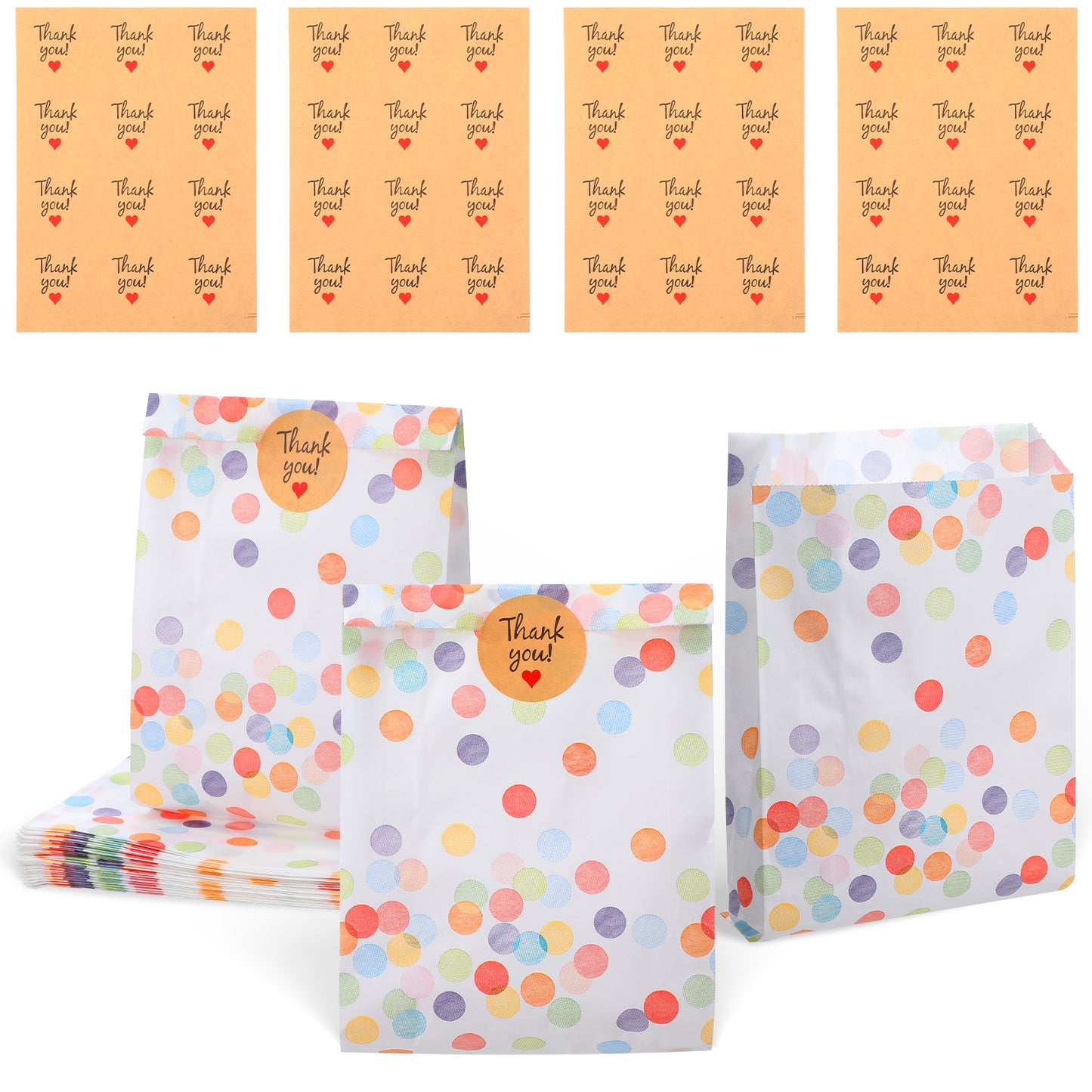 TIESOME 40 Pack Party Favor Bags with 48 Stickers, Multicolor Dots Paper Gift Bags for Birthdays Weddings Celebrations, 6.69x5.12x1.18in(40)