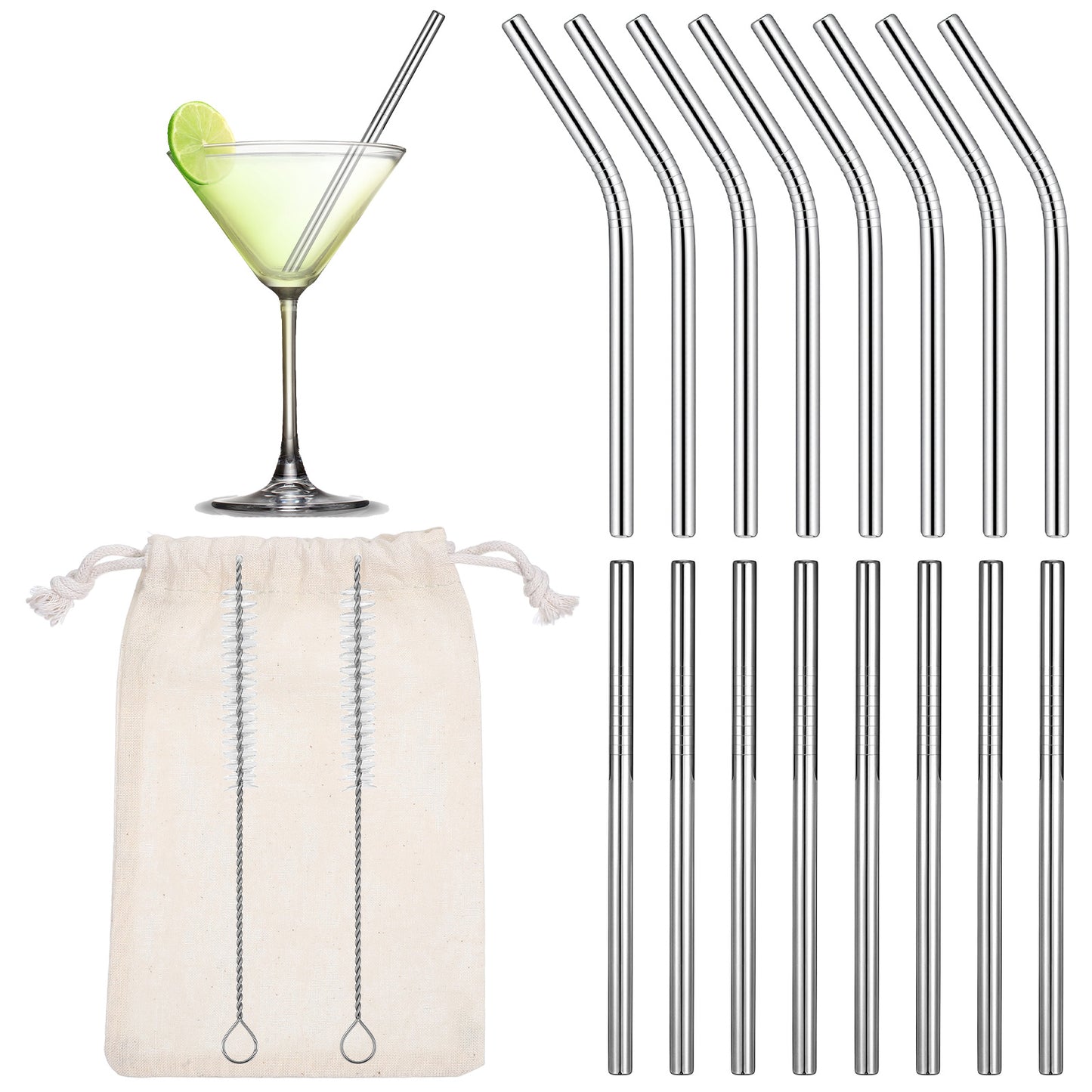 Yuanchu 16 Pack Short Small Metal Cocktail Straws, Reusable 8 Straight 8 Bent Stainless Steel Straws Set with Cleaning Brush Drinking Straws for Coffee Cocktails Wine Small Glasses Cups