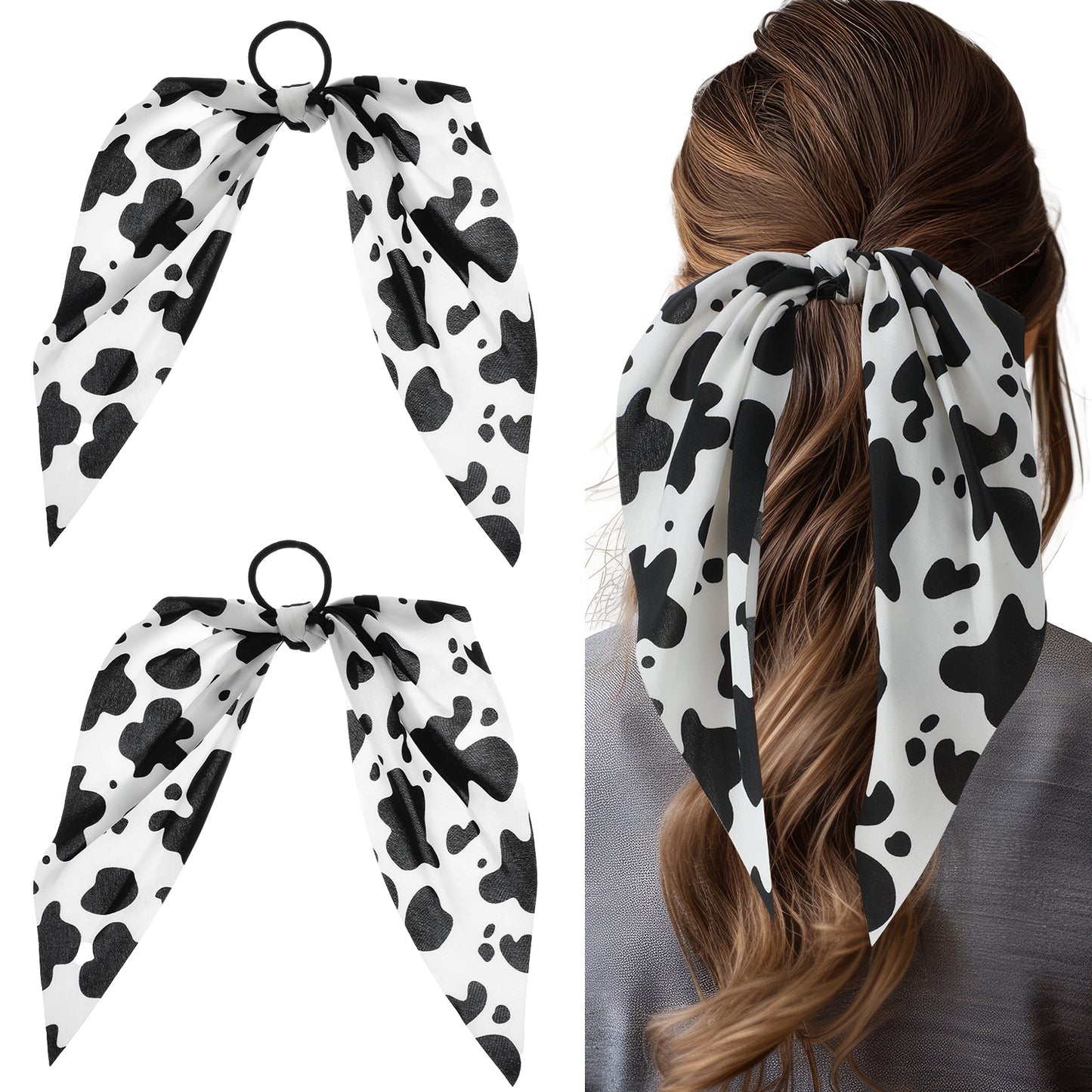 HJZHII 2Pcs Cow Print Hair Band for Women, Elastic Bowknot Hair Tie Ropes, Ponytail Holder Hairs Scrunchies Handmade Bunny Ear Bow Accessories for Girl Birthday Gift