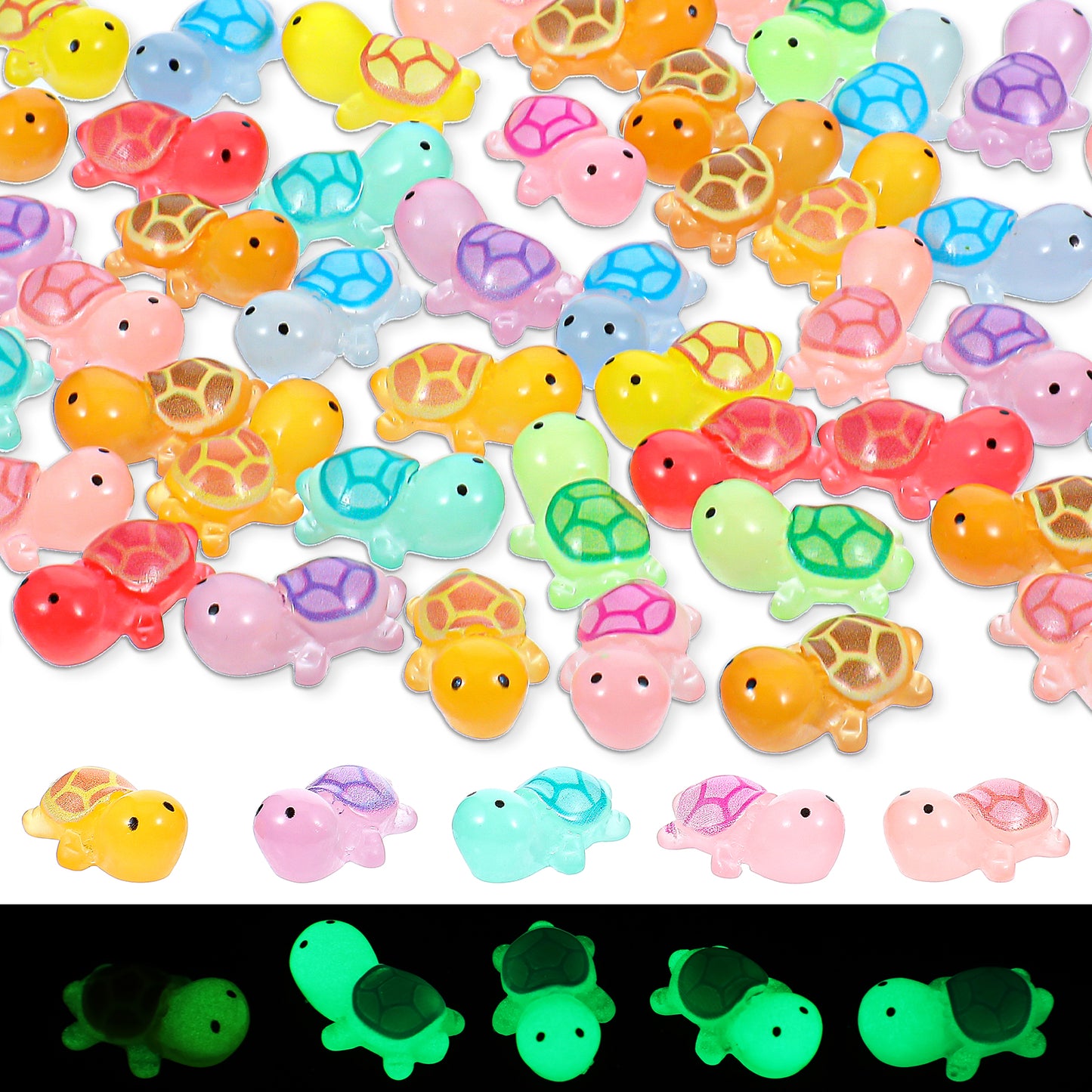 JIEYAO 50 Pcs Luminous Mini Resin Turtle, Glow in The Dark Miniature Sea Turtle, Plastic Tiny Turtle Figurines Small Resin Animals Ocean Decoration for Craft Garden Decor Home and Party Supplies