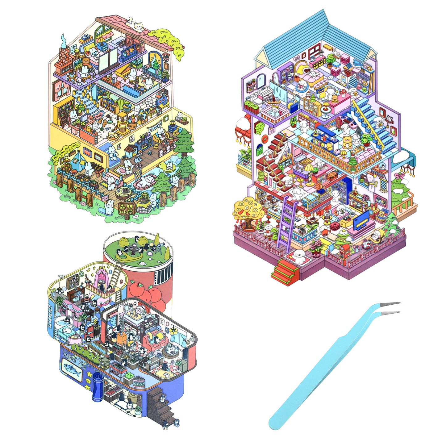 Yuanchu 3 Sets 3D Large Sticker Scene, 297 X 175mm Sticker Therapy with 1 Tweezers Funny Stickers for Adults 3D Sticker Scene Accessories 3D Giant House Sticker Set Animal Sticker