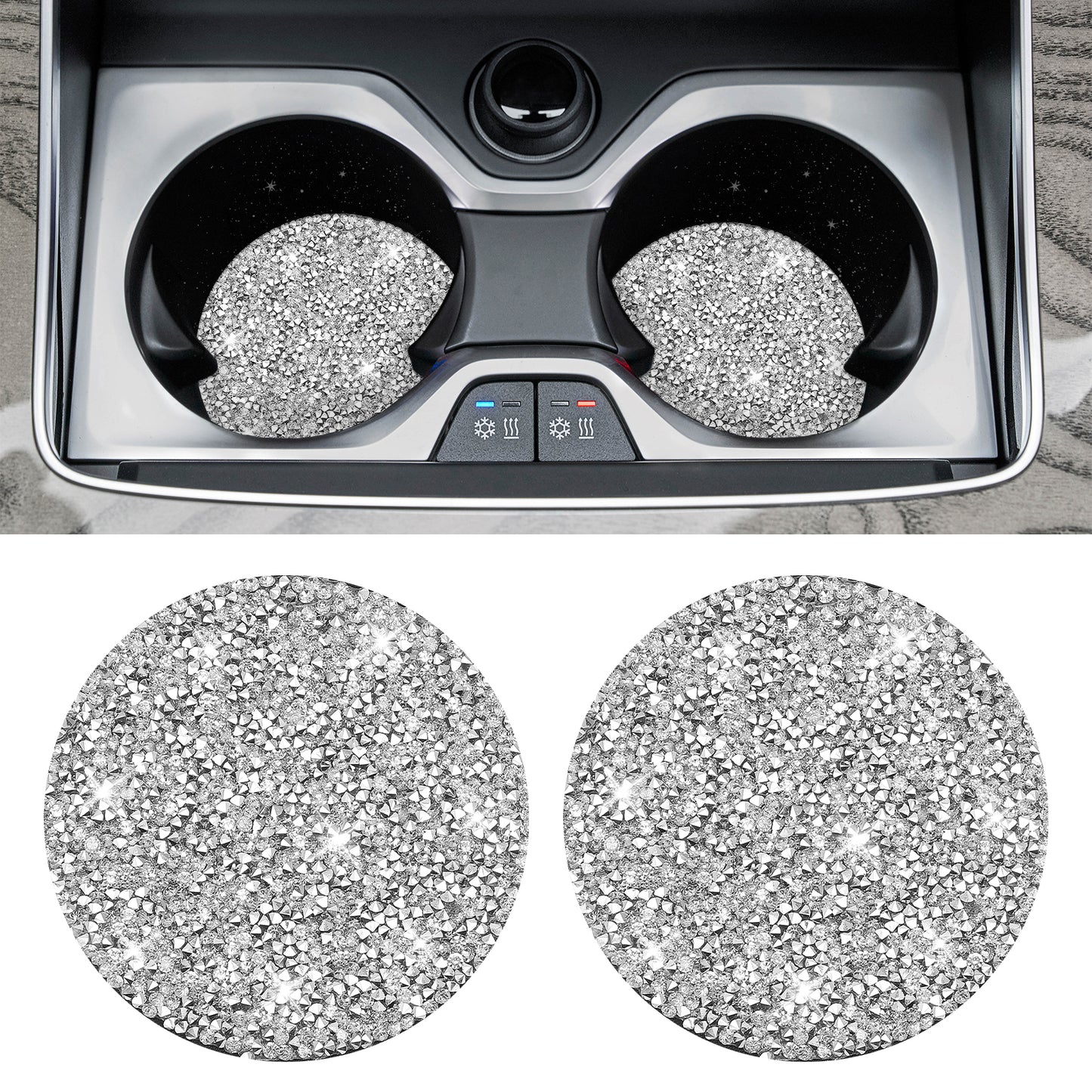 AOZUO Car Cup Coaster, 2pcs Bling Cup Holders Crystal Rhinestone Anti-Slip Shockproof Vehicle Holders Coasters Drink Car Cup Mat Universal Insert Automotive Interior Accessories for Women(Silver)