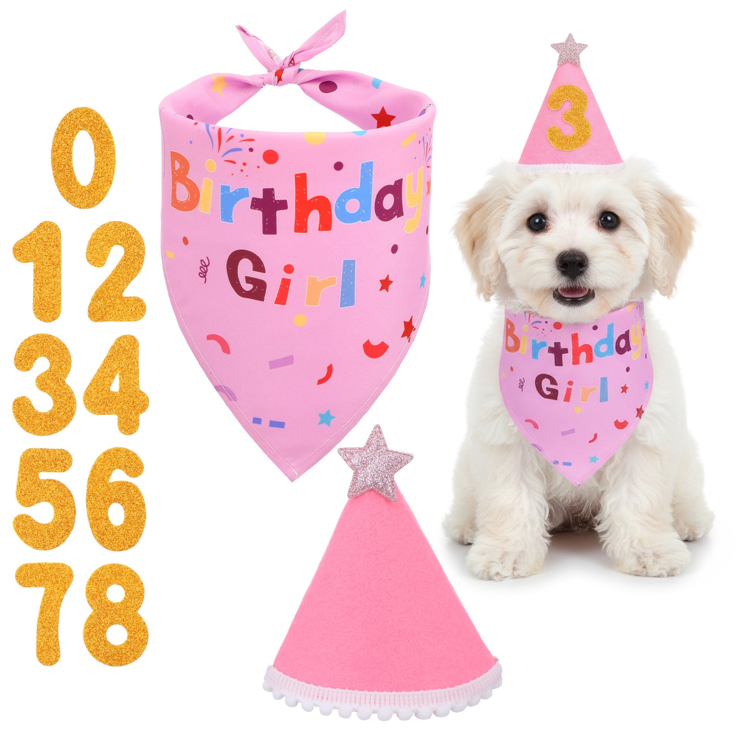 DOPENSPI Dog Birthday Bandana Hat Set, Polyester Triangle Scarf Adjustable Party Hat with Gold Numbers Birthday Party Supplies for Pet Birthdays Outfit Celebration(Blue)