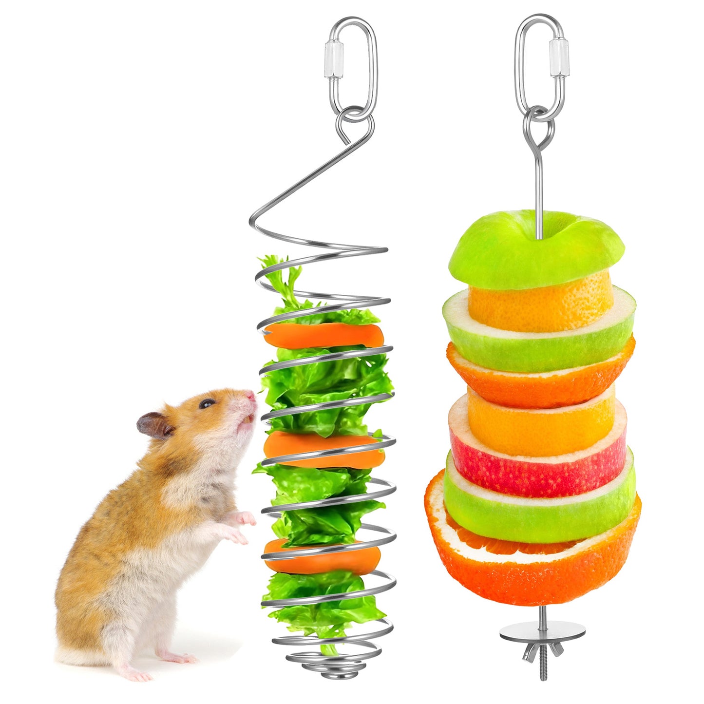 YUXMU 2 Pcs Rat Enrichment Toys, Stainless Steel Rat Foraging Toy Slow Feeder Vegetable Fruit Skewer Foraging Hanging Feed Tool Cage Accessories for Hamster Rodents Bird Parrots