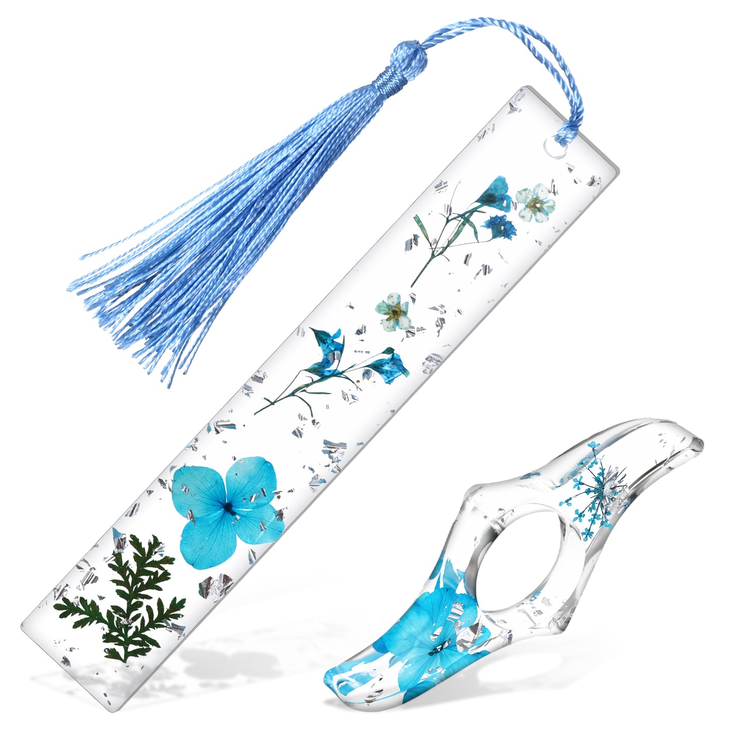 Yuanchu 2pcs Book Page Holder, Dried Flower Resin Thumb Book Page Holder and Tassels Book Mark Handmade Book Accessories for Reading Lovers Bookworm Readers Teachers Birthday Gift(Blue Hydrangea)