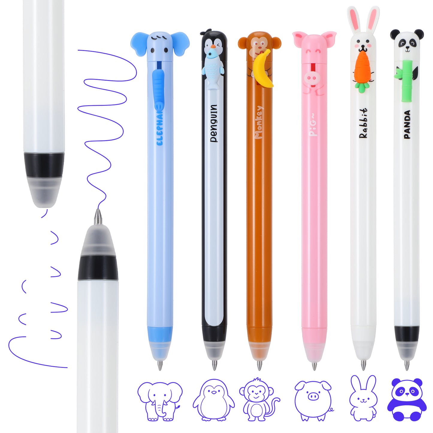 Molain 6 Pcs Erasable Pens, Cute Animal Side-Press Gel Ink Pens, 0.7mm Blue Erasable Pen Set for Kids Adults, Novelty Writing Stationery for School Office Supplies, Easter Gift