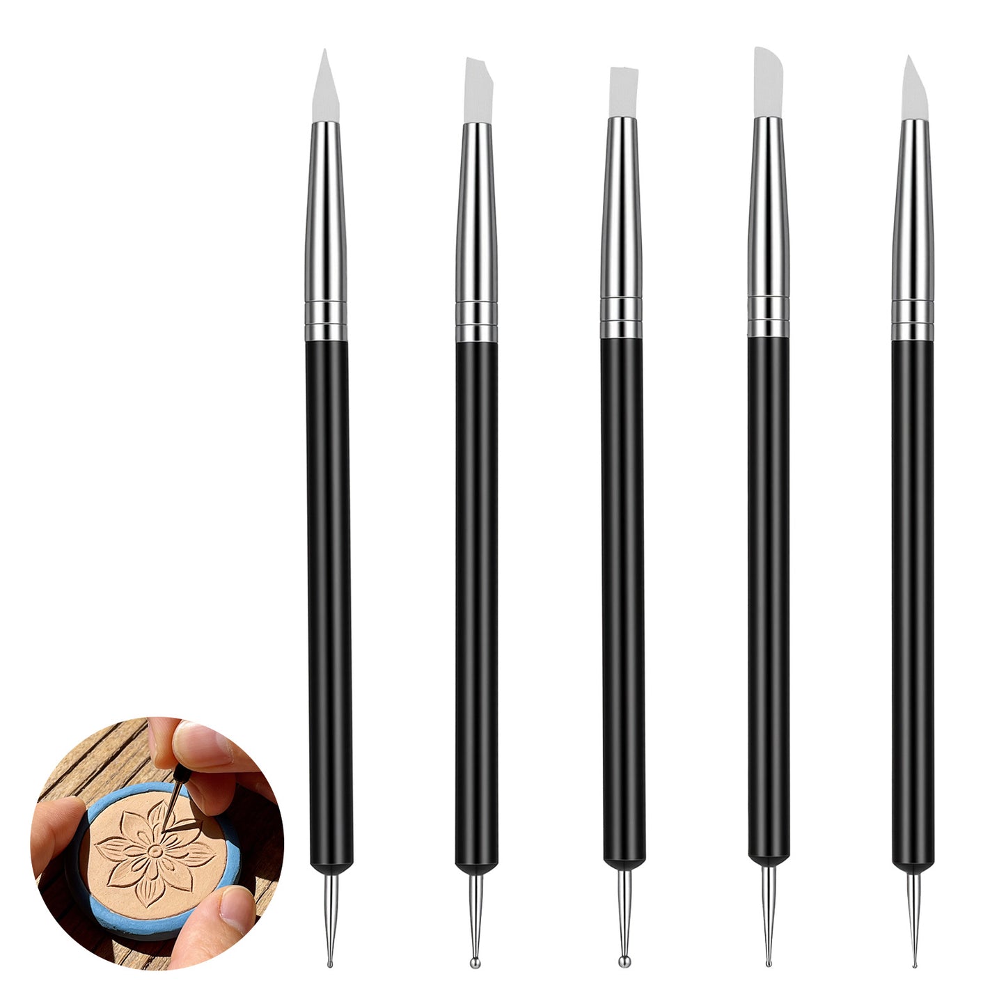 DOPENSPI 5PCS Clay Sculpting Tools, Silicone Clay Modelling Tools Dua-End Soft Rubber Tip Carving Dotting Tool Modelling Pen ClayCarving Tool Set for Pottery Sculpture