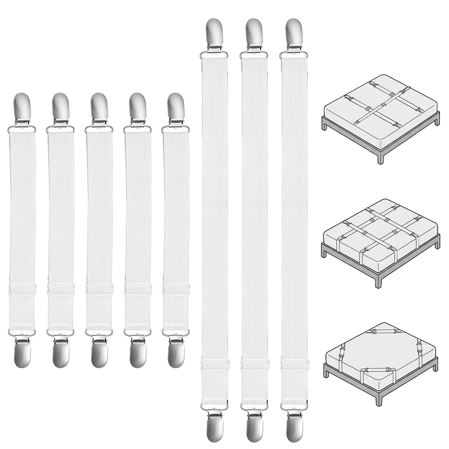 HJZHII 8 Pcs Bed Sheet Clips, Adjustable Bed Sheet Fasteners White Sheets Suspenders Elastic SheetStraps Fitted Beds SheetGrippers to Keep Your Sheets in Place(White,70-130cm, 35-68cm)