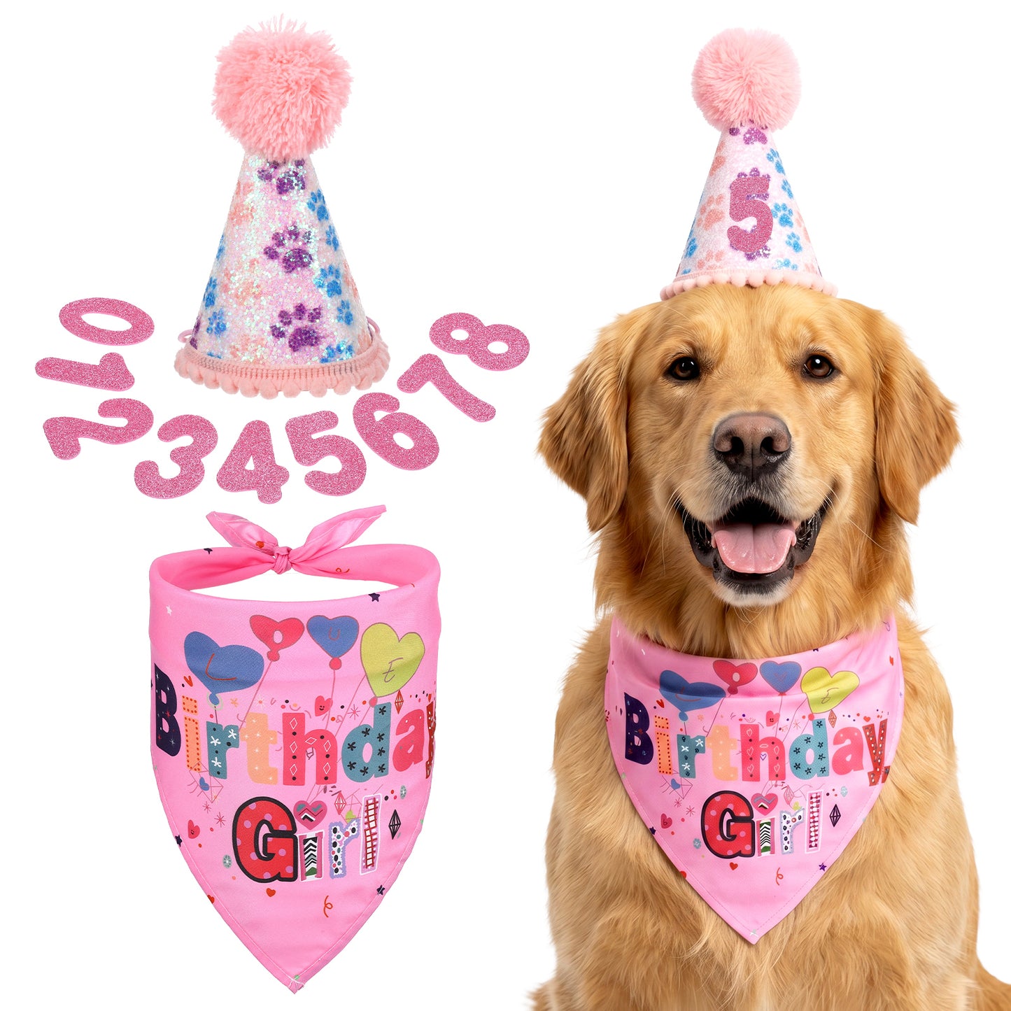 GEEHUA Dog Birthday Bandana, Pink Dog Birthday Hat Set Dogs Birthdays Outfits Pink Triangle Scarf with Hat for Birthdays Gift