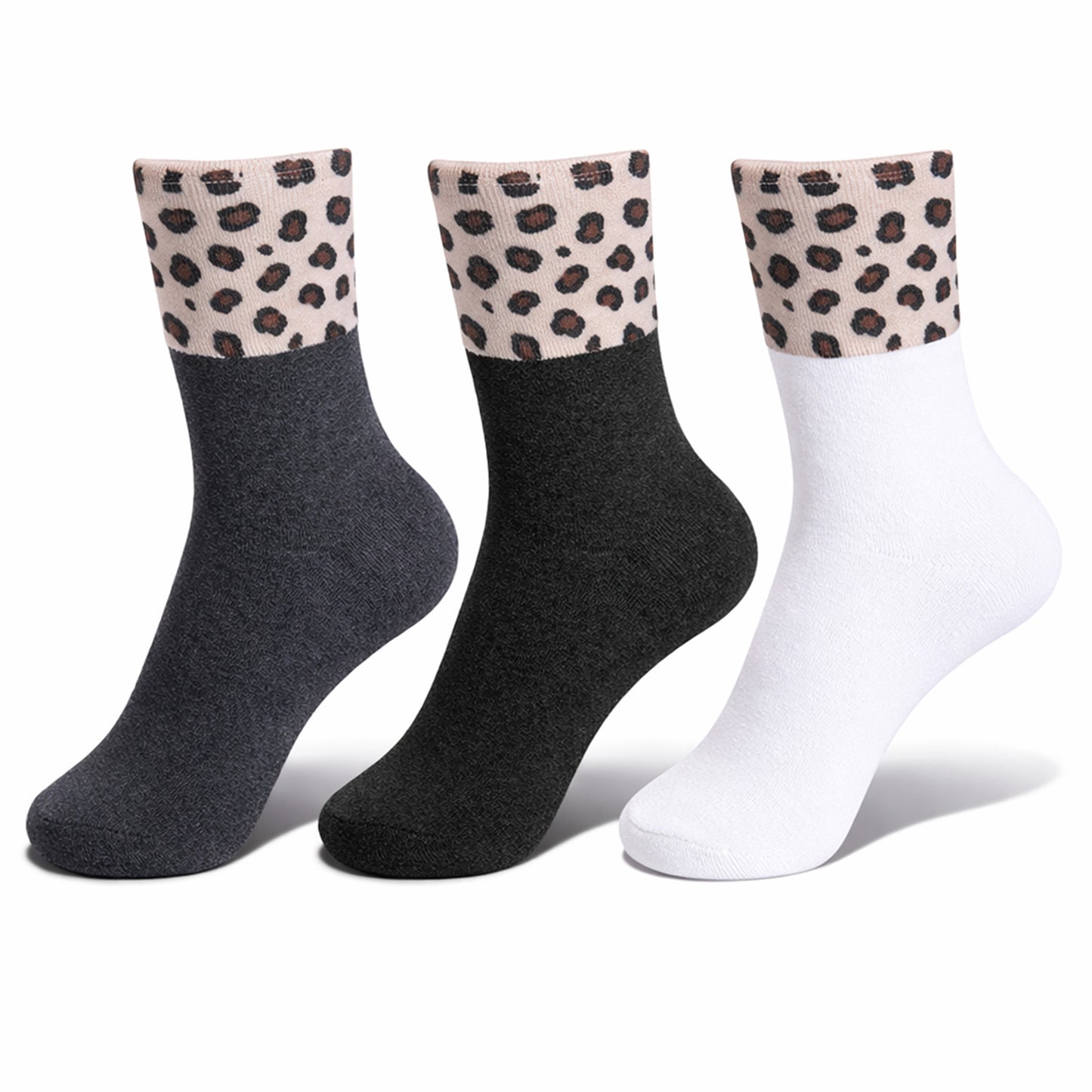 TIESOME 4 Pairs Leopard Print Socks Women, Calf Length Ladies Boot Sock, Soft Breathable Polyester Crew Socks for Business, Work, Hiking & Sports(Black + Gray + White,Leopard Print)