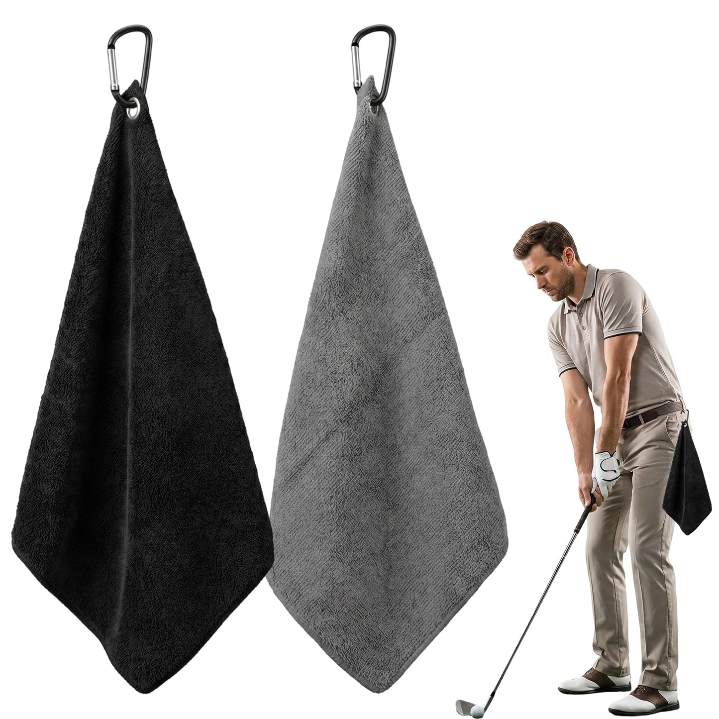 SULIKJHUI 2 Pack Golf Towels for Golf Bags with Clip, Microfiber Golfs Towel with Clip for Cleaning Clubs & Balls, 30 cm x 30 cm(Black, Gray)