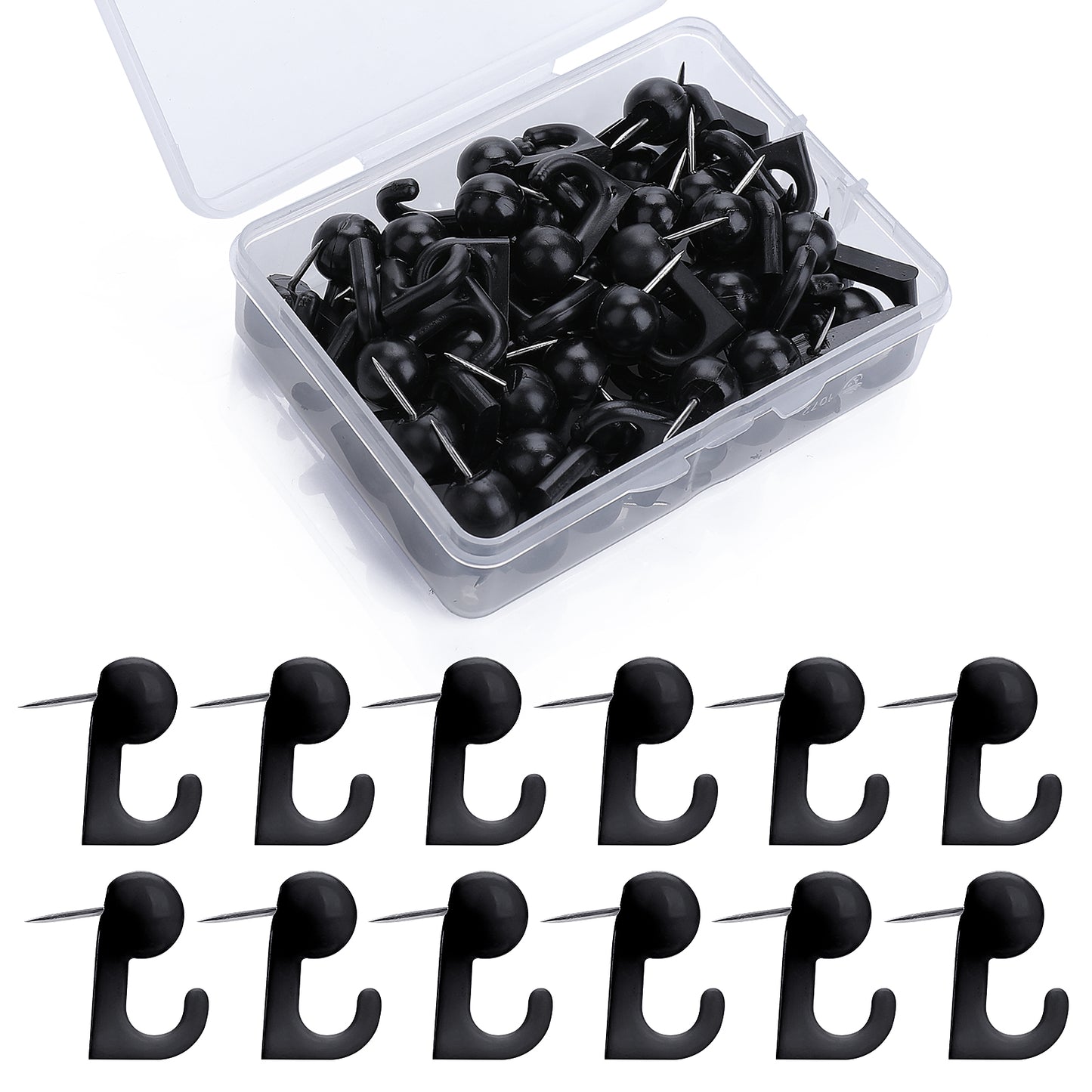 Molain 50 Pcs Black Push Pin Hooks, Plastic Heads Pin Tacks Hooks, Thumbtacks with Hooks, Bulletin Board Hooks,Push Pins for Wall Hanging,Cork Board,Map,Photos,Calendar, Home Office School