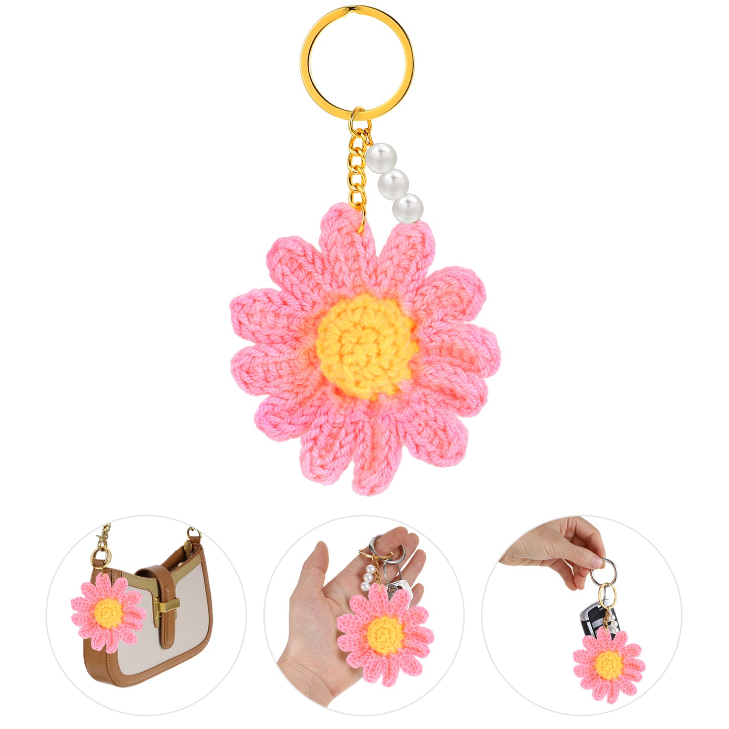 MBAIYO Crochet Daisy Keychain, Cute Flower Keychain Bag Charms for Women Floral Keyring Pink Daisy Decor Key Chain Daisy Gifts Accessories(Pink)