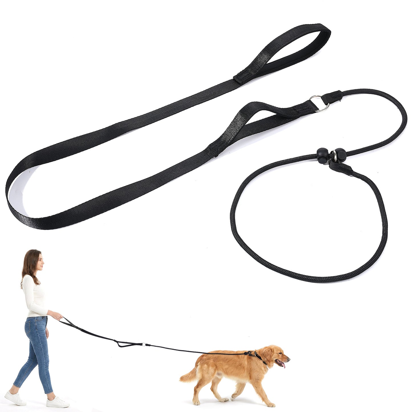 WJIAAA Black Adjustable Slip Lead Dog Leash, Nylon Training Rope with Comfy Handle, Explosion-Proof Dog Collar with Sliding Rubber Stopper for Dogs Walking