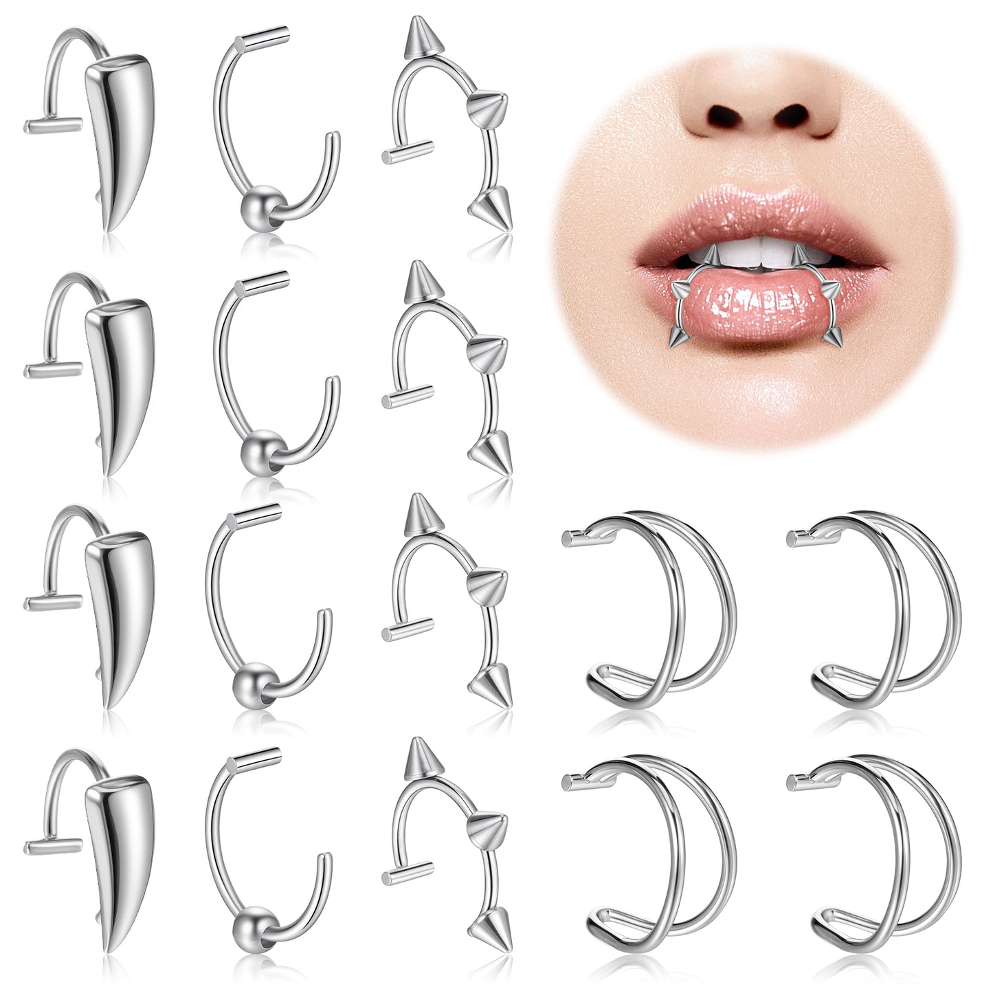 WJIAAA16 Pcs Stainless Steel Fake Lip Ring Teeth Fangs for Halloween Jewelry Clip Adjustable Non-Piercing Lip Piercing Jewelry for Women Men(sliver)