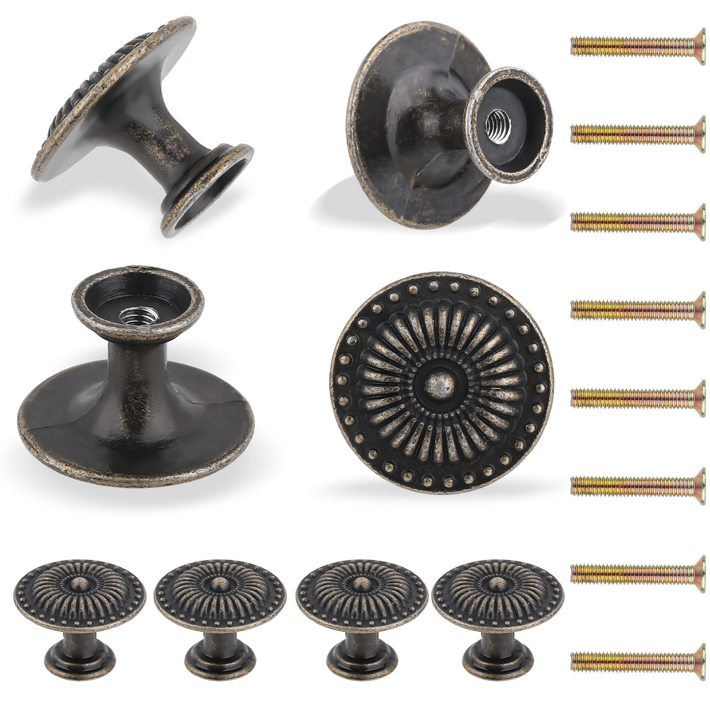 Giantree 8Pcs Antique Brass Cabinet Knobs, Vintage Retro Drawer Knobs, Weathered Gold Sunburst Pattern Flat Drawer Pulls, Matte Drawer Knobs for Nightstands Single Hole Cabinet Hardware(Black 25*19mm)