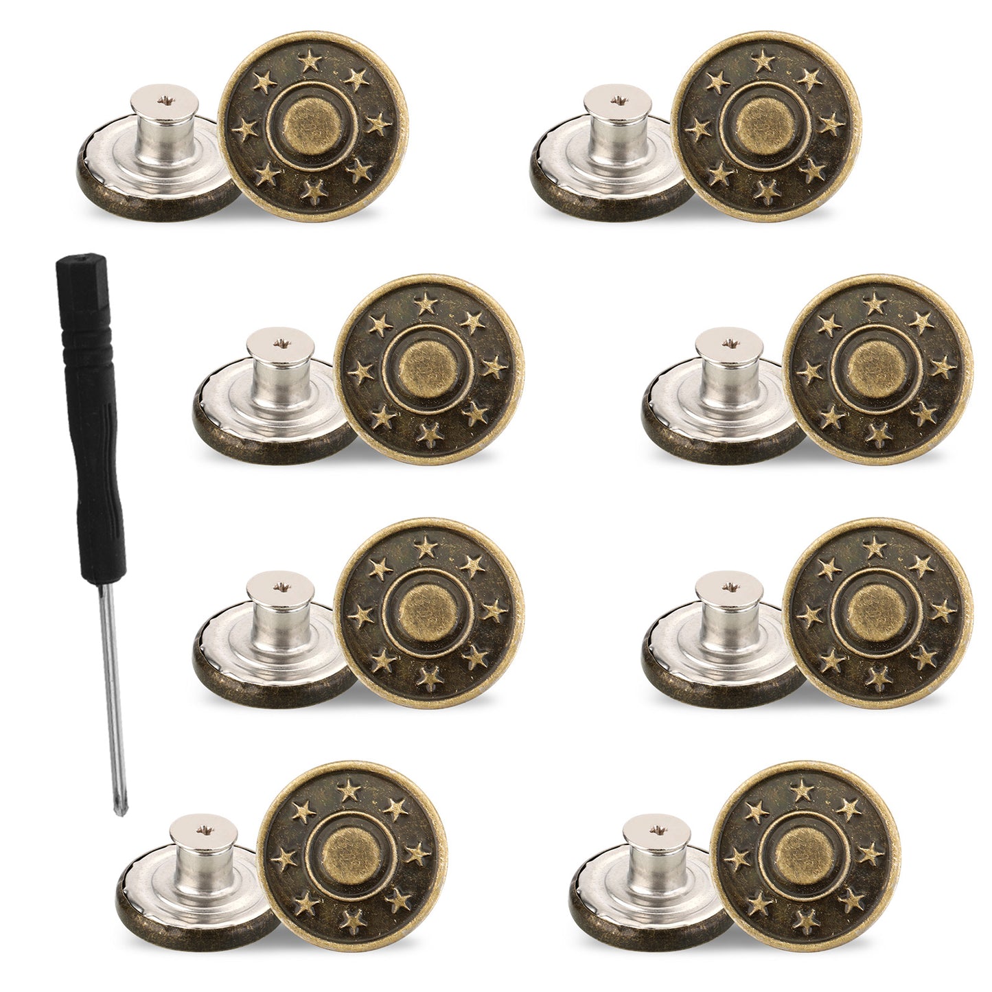 Molain 8 Pcs Jean Button Replacement Kit, 17mm No-Sew Metal Buttons for Clothes, Adjustable Pants Button Tightener with Screwdriver(20mm)