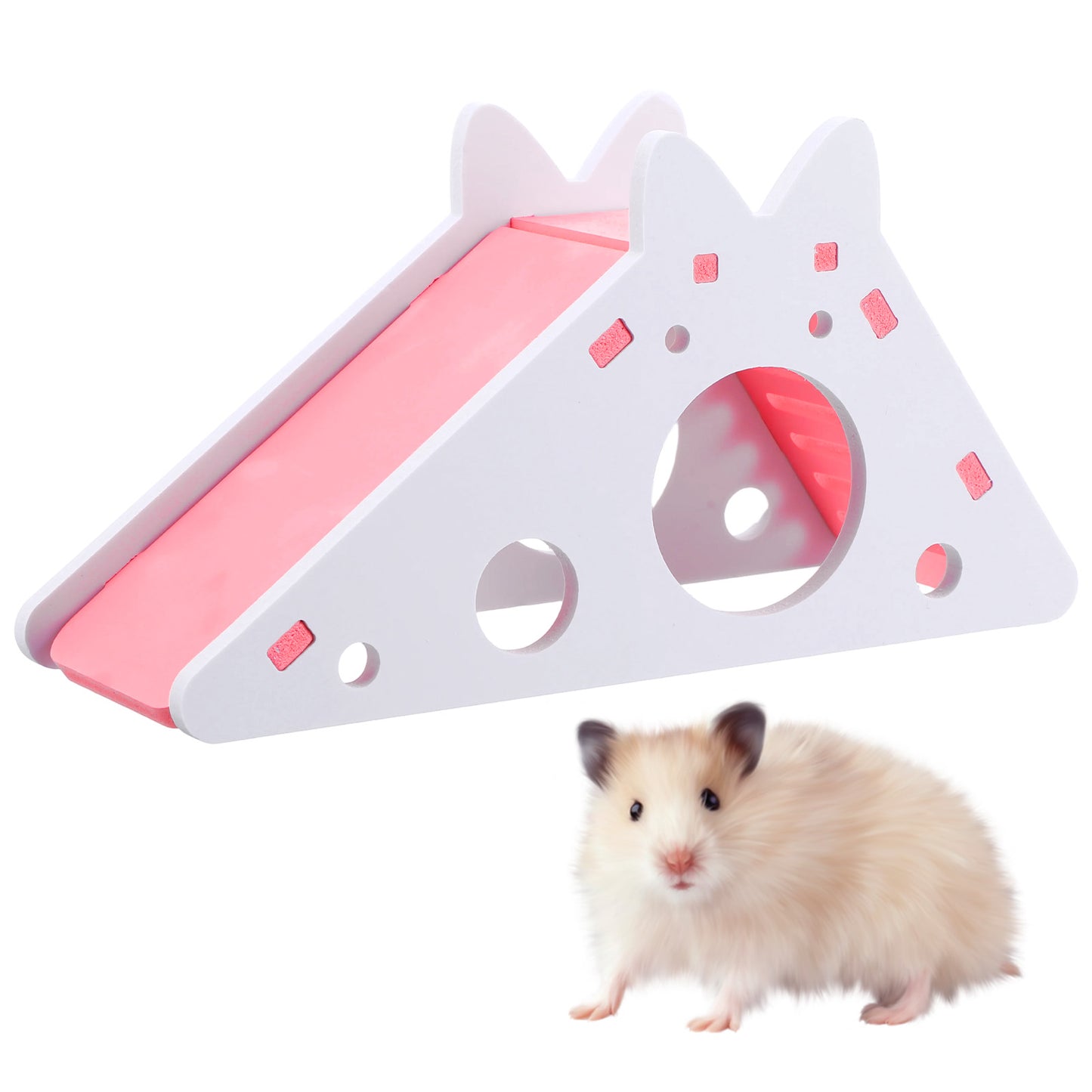 TIESOME Hamster House with Ladder and Slide, Wooden Hamster Play Toys Hideout Hut Gerbil Rat Hideaway Small Animal Activity Toy DIY Cage Accessories for Small Pets(Pink)