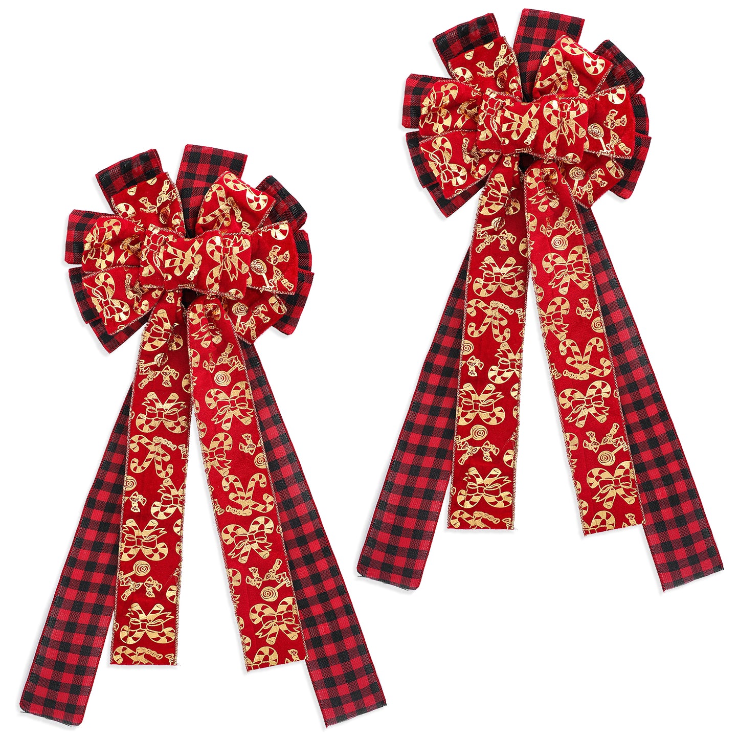 cobee 2 Pcs Large Christmas Bow for Wreath, Velvet Bows Xmas Decoration for Front Door Wall Fence Christmas Tree Top Bow Decoration for Winter Christmas Party Supplies(Red and Black Plaid)