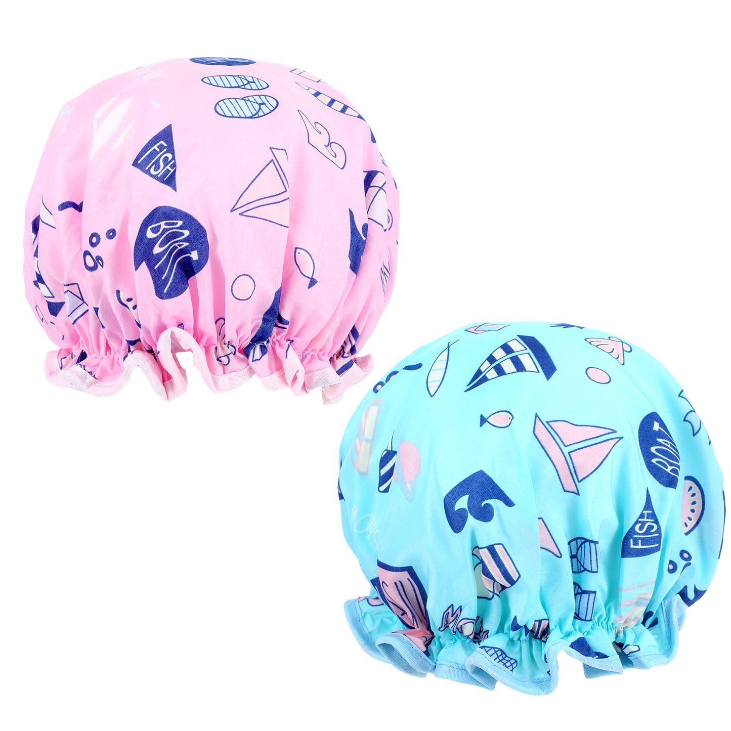 DOPENSPI 2PCS Shower Caps for Kids, Polyester Double Layers Bath Hat Cute Cartoon Animal Bath Hair Cap 10in Elastic Band Shower Caps Reusable Waterproof Bonnet for Boys and Girls(Fish Boat)