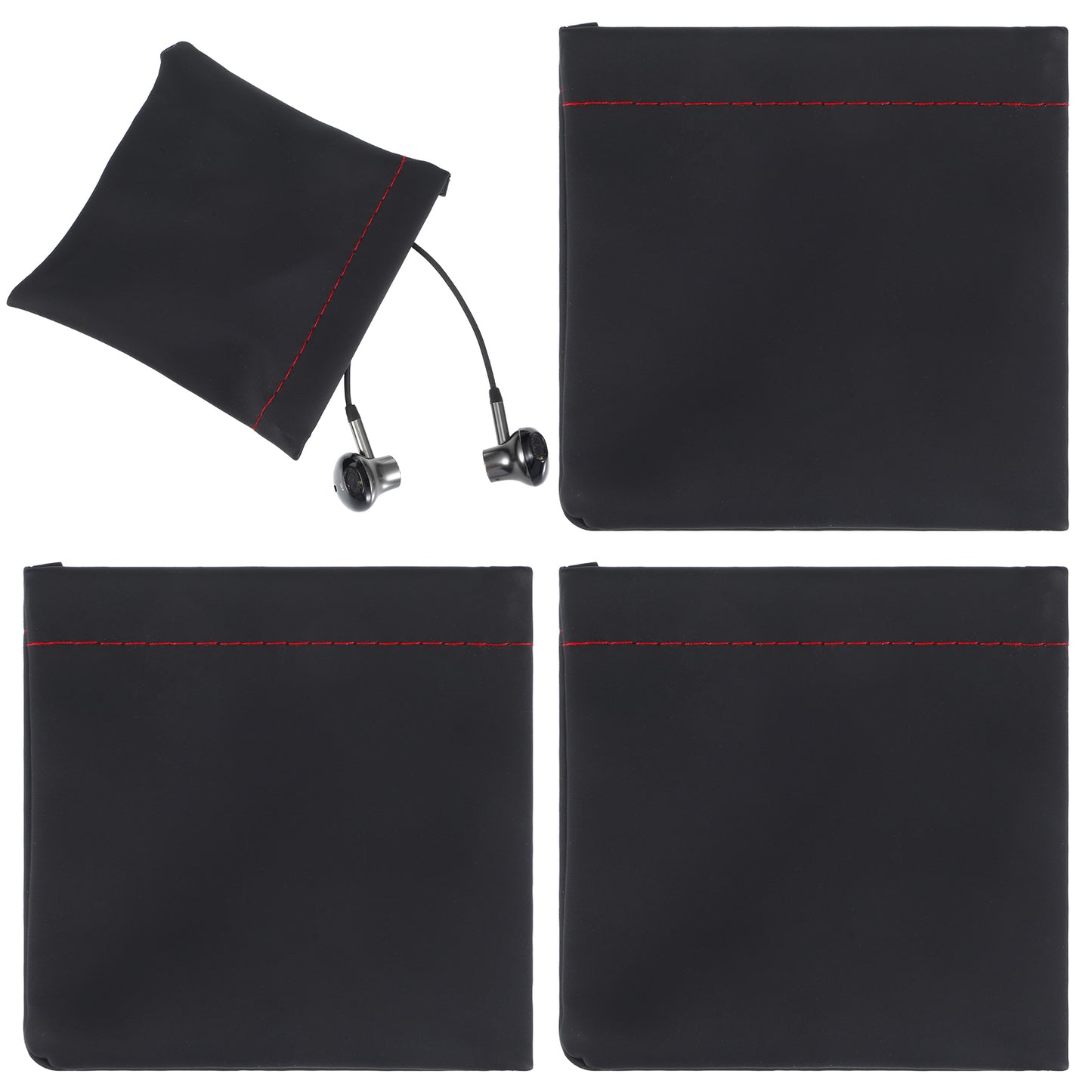 DOPENSPI 4Pcs PU Leather Earphone Storage Bag, 3.62×3.35in Earphone Pouch Black Portable Spring Closure Organizer Headphone Elastic Pouch wired headphone case for Carrying or Storing Headphones