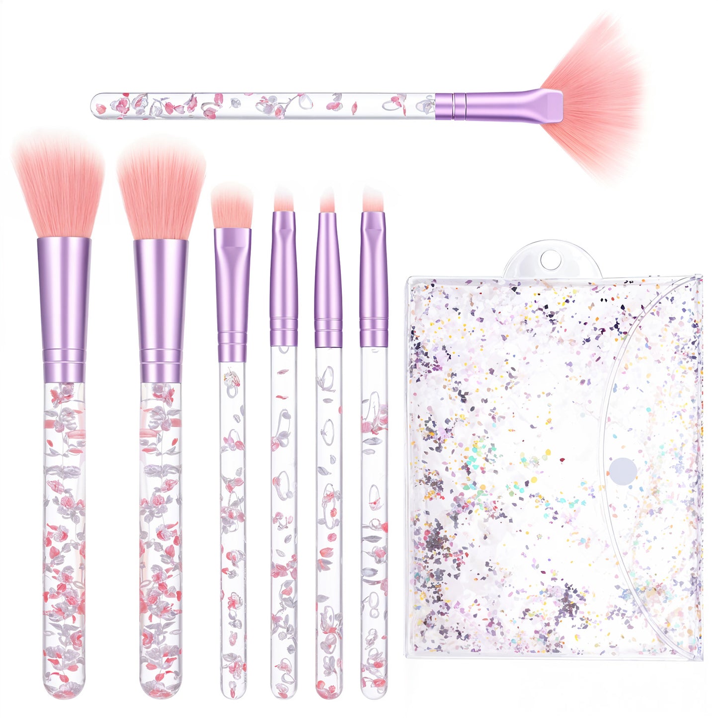 HJZHII 7 PCS Pink Makeup Brushes Set, Crystal Sparkles Makeup Brush Professional Blending Brush Cute Fan Powder Lip Eye Shadow Eyebrow Eye Brush with Sequins Handle for Women(Pink)