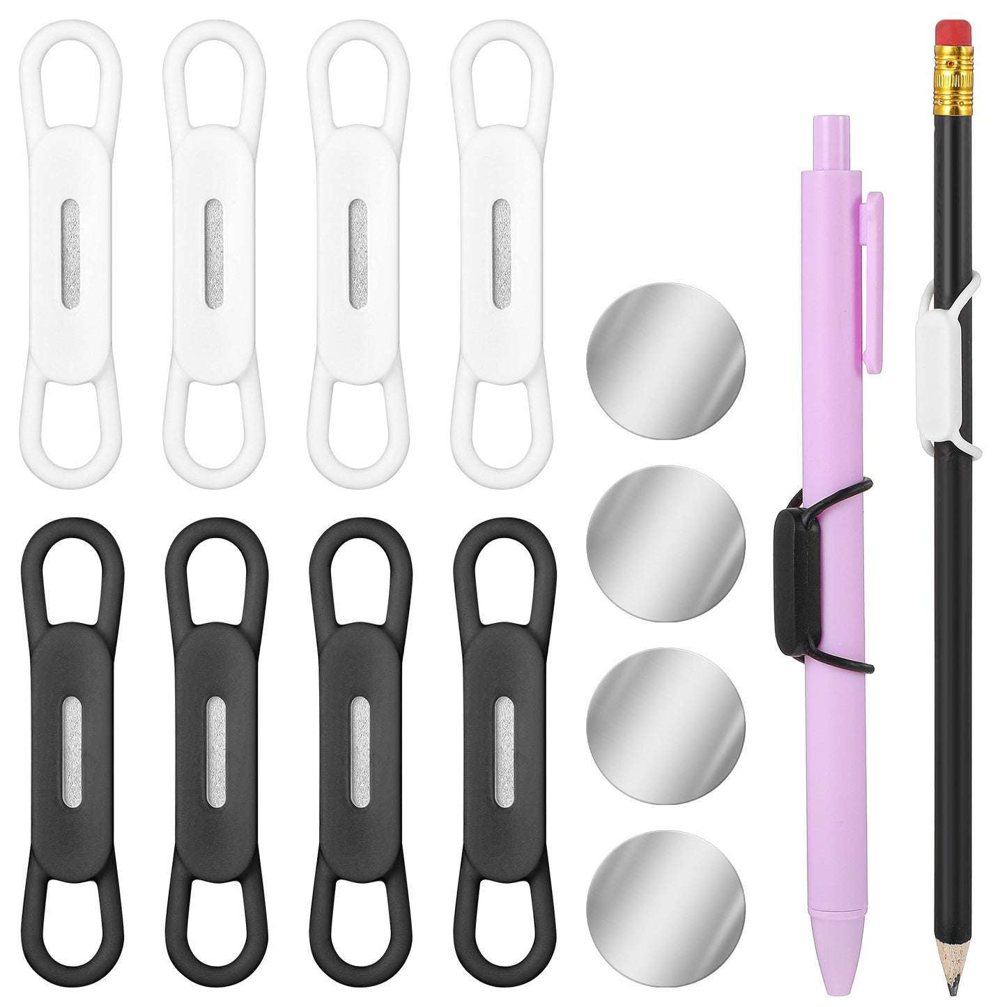 WJIAAA 8 Pcs Magnetic Pen Holder, Silicone Adjustable Pen Holder for Fridge Whiteboard Desk Teacher Supplies, Includes 8 Magnetic Clips (Black White)