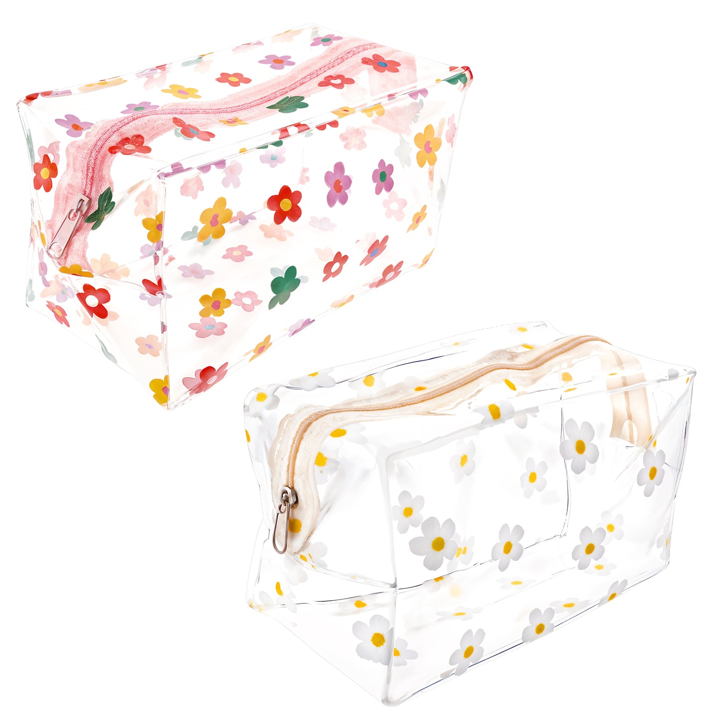 Giantree 2 Pack Cute Flower Makeup Bags, Toiletry Bag, Floral Cosmetic Bag, Clear Makeup Bag Daisy Zippered Pouches Portable Toiletry Bags for Women Travel Vacation Bathroom Organizing