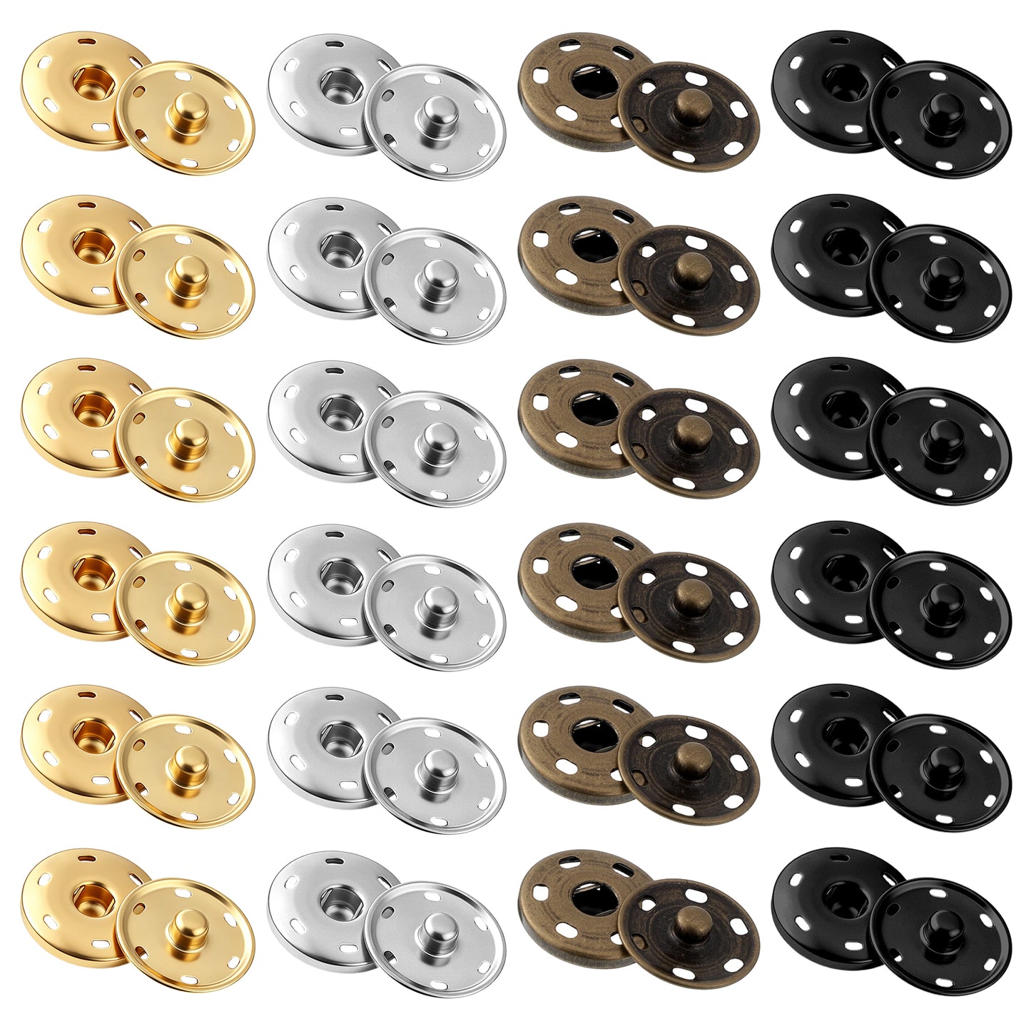 JJUNW 24 Sets Large Snaps for Sewing, 25mm Metal-Snap Fastener Buttons Diameter, Big Snaps for Sewing Press Button Sew on Snap for Clothing Fabric, Gold Silver Black Bronze