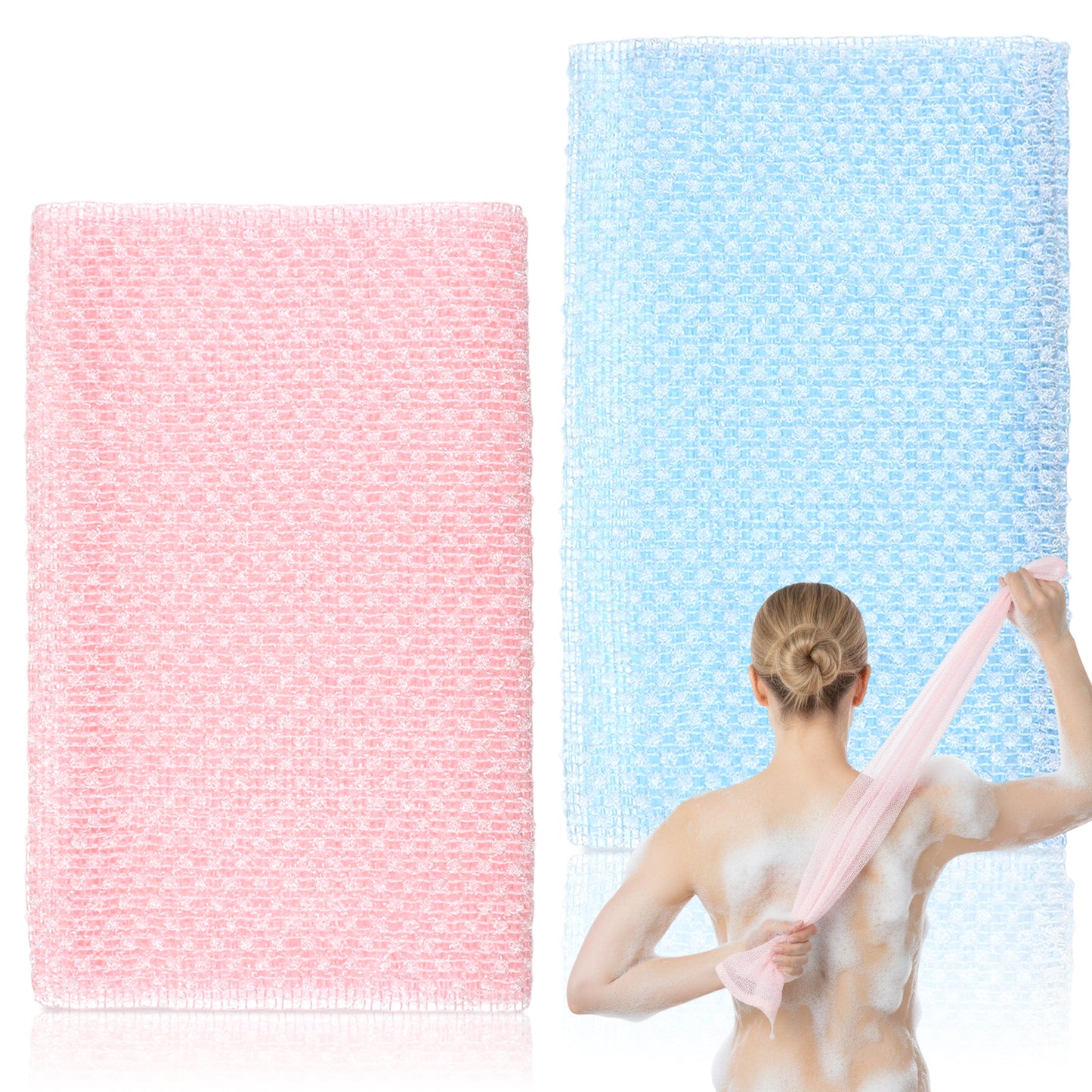 TIESOME 2 Piece Japanese Exfoliating Towel, Extra Long 39 Inch Exfoliating Washcloth for Back & Body, Deep Cleansing Body Scrub Back Scrubber for Men Women (Black, Blue)