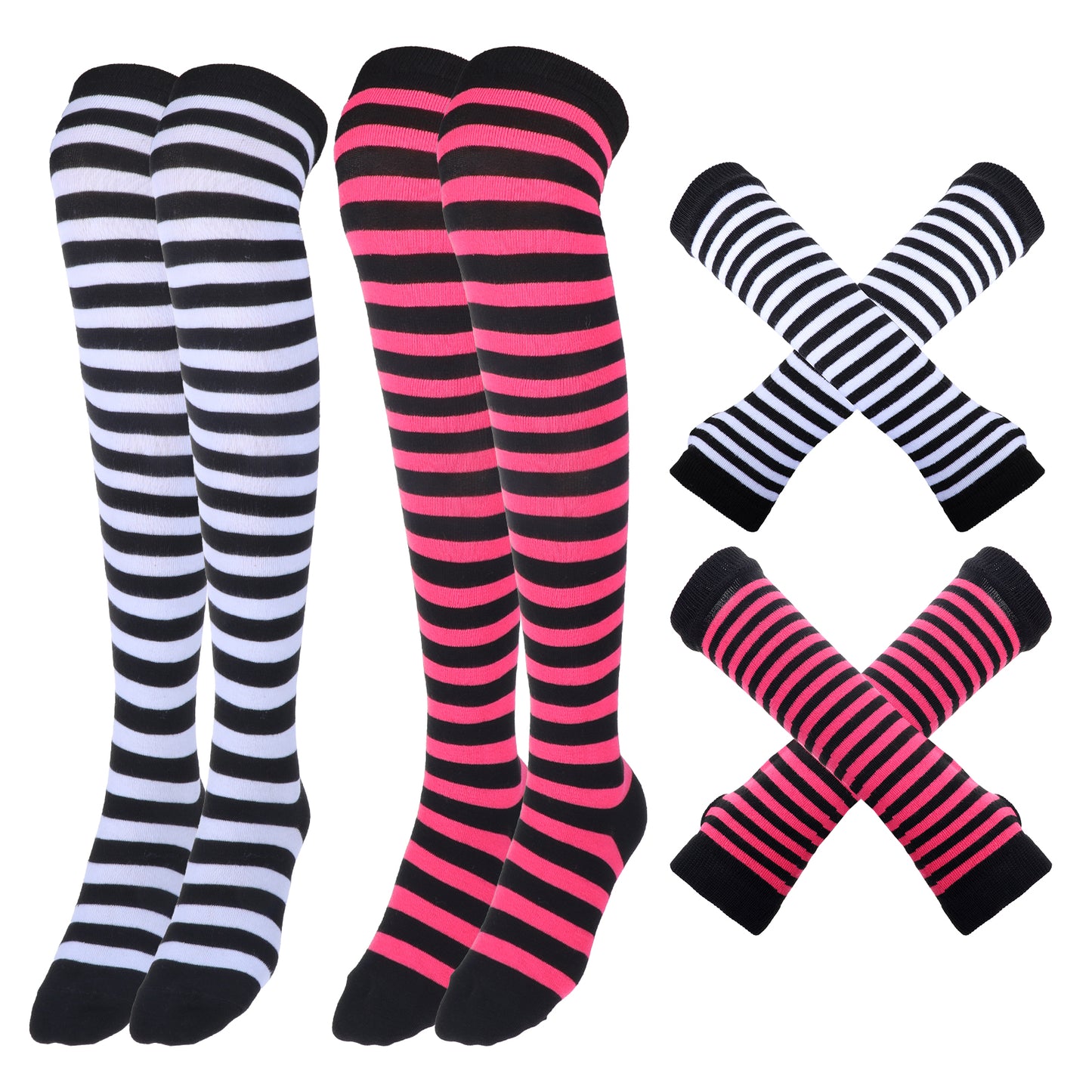 TIESOME 2 Pairs Women Striped Knee High Socks and 2 Pairs Striped Arm Warmers, Knitted Fingerless Gloves with Long Knee High Socks for Party Cosplay Women Girls Arm Leg Warmer (Black+Rose Red)