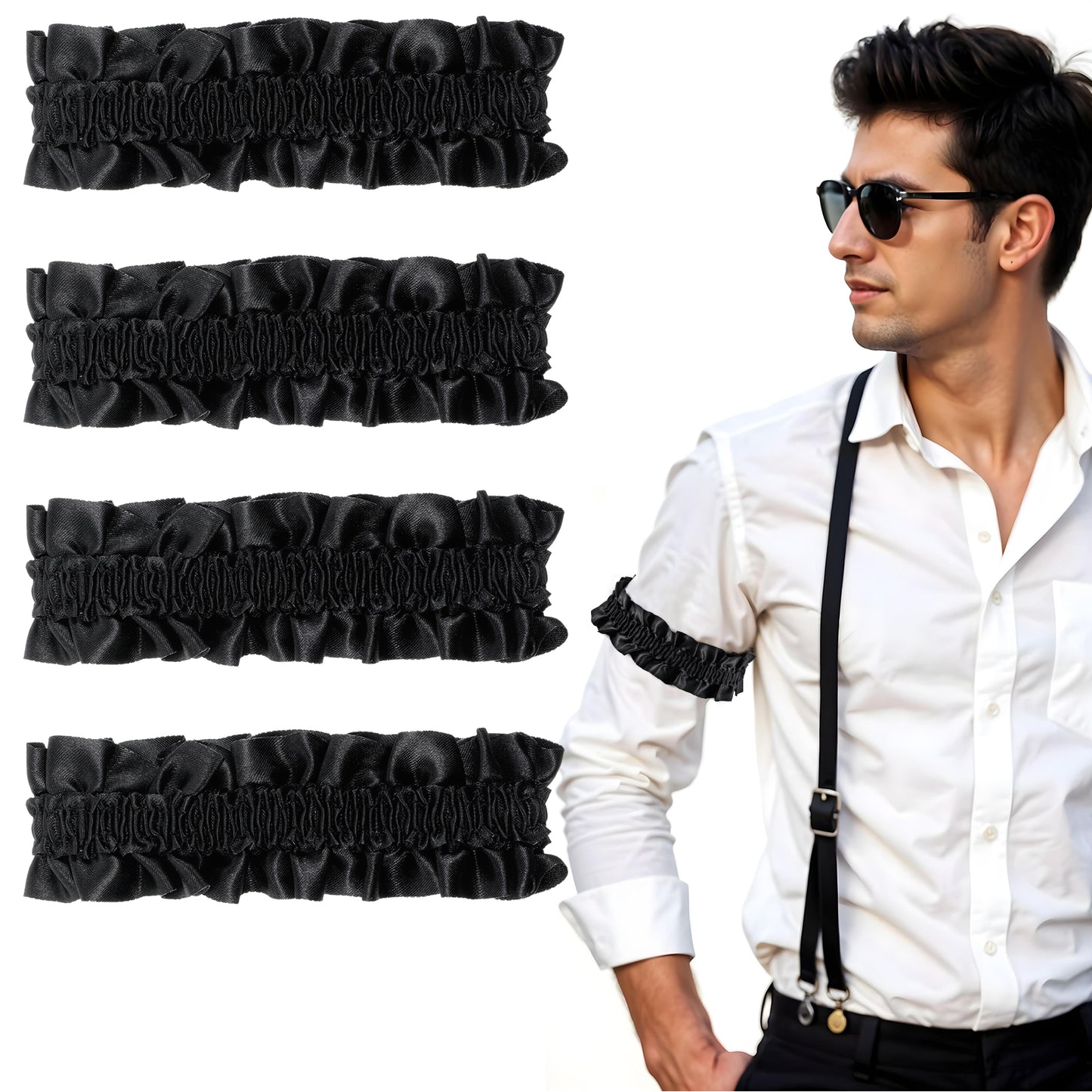 cobee 2 Pairs Sleeve Garters for Men, Arm Bands Garter Roaring 20s Party Decorations, Black Lace Leg Elastic Garter Belt Mens Accessories for Women Party Decoration